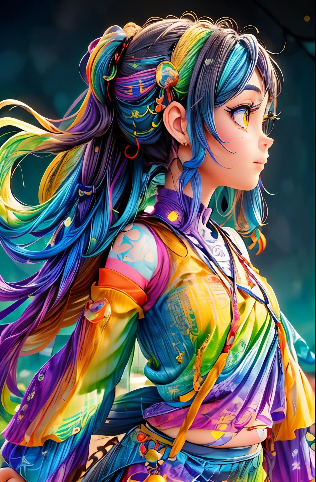 pixar-style, Cute girl, detailed background, Rainbow-colored clothey Yoshitomo Nara:0.5), (best quality, masterpiece, Representative work, official art, Professional, unity 8k wallpaper:1.3)