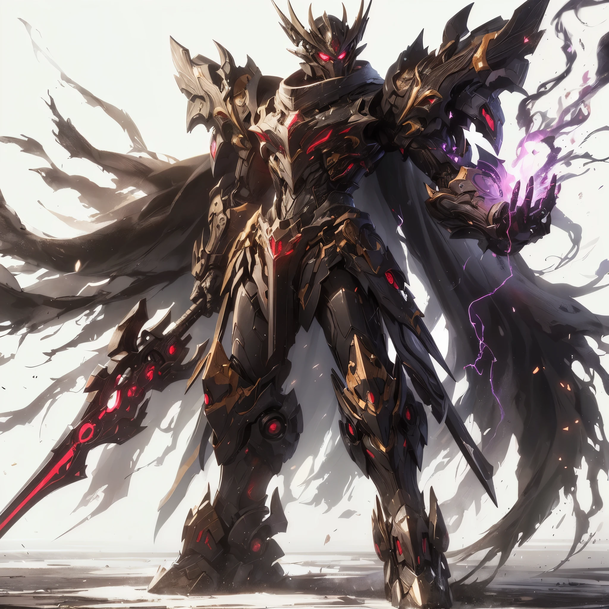 (masutepiece, Best Quality), Ultra-detailed, Anime style, Full body, New Exclusive Mobile Suit, Burnt black armor with gold accents, Standing in the wasteland, red eyes glowing, Wearing a shabby cloak, very stylish, 8K High Resolution, White background, Whole body, Hold Blade, Long Blade Antenna, ((Fist burning black and purple flames)) Lightning is floating,