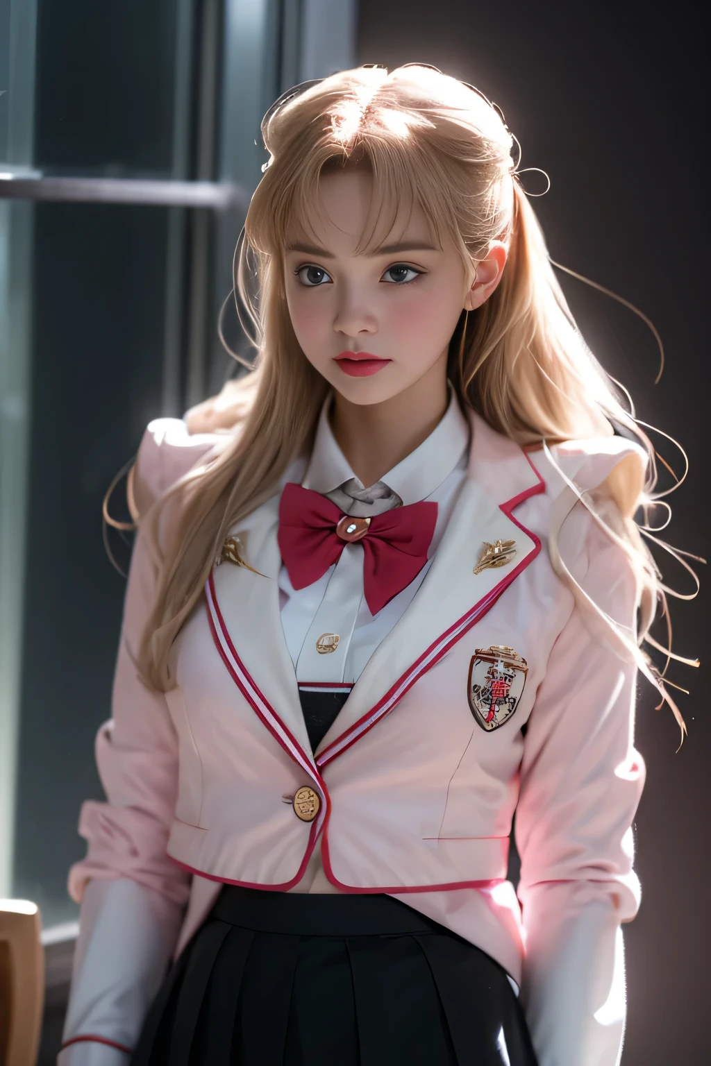 16K quality、最high quality, High resolution, Actual Photos, (Ultra-realistic、Realistic)、((Full body portrait))、(((very beautiful blonde teenager)))、 ((sitting on a chair in the classroom))、 (((blonde)))、 ((Shiny Hair、stick out one ear、Medium Long Hair))、(blue eyes)、((idols wearing Nogizaka uniforms))、blazer、Neck ribbon、Checked mini skirt、Brown Loafers、(Big eyes、Very beautiful and subtle makeup, Light makeup, blondeの美しい髪)、((Her legs are spread open and her miniskirt is rolled up to show off her White panties.))、((Do not hide your panties))、(White panties)、Highly detailed eyes and face、Well-groomed nose、Thin eyebrows、(Perfect Eyes)、Perfect hands、Perfect Fingers、 (F Cup Big)、はっきりしたdouble eyelid、Patchy's eyes、clear, Beautiful face and well-proportioned eyes, ( Very beautiful and subtle makeup, Light makeup、Well-groomed nose、Thin eyebrows), Border Light, (Soft Light, high quality, Smooth and sharp, 10x pixelation, Beautiful Eyeshadow),((Browsing Caution))、((Ecstatic expression、reach sexual climax))、mouth hanging open、Sexy mouth、(Cute Japanese)、 smile、Fine and beautiful lips , Cute round face, Plump thighs、Accentuate your thighs、Hairstyles with bangs、Delicate body、slim、Light-reflecting skin、Model body type、Detailed fingers、Beautiful Eyes、Long eyelashes、8Head and Body、Low Angle、Light reflected in the eye、Makes your face smaller、double eyelid、Big eyes、Lip gloss、Looking into the camera、Background blur、Cinema lighting from the front、Light on the face