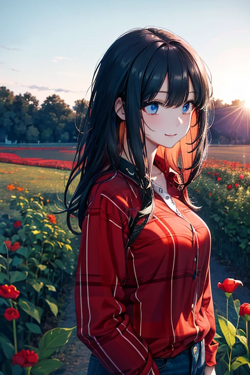 1 girl, solo, best quality, ultra detailed, minor, (happy:1.4),black hair, blue eye, Red Flannel Shirt, Southern, looking away, from front, portrait, rolled sleeves, standing, on a farm, flower garden, warm sunlight, blue jeans, large sized chest, large sized breast, large breasts, sexy