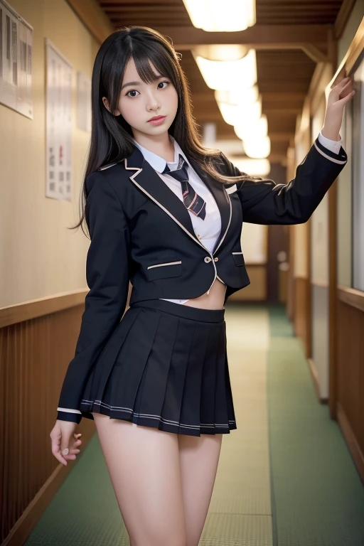 (Raw photo:1.2, Photorealsitic:1.4), Beautiful detailed girl, Highly detailed black eyes, A Japanese Lady, Ridiculous, Incredibly ridiculous,18year old ,Stylish , (hight resolution, Very detailed, Best Quality, masutepiece), Healthy body, ((Japanese girls' high school uniform)),springtime , Bruises,(perfect anatomia,Beautiful limbs), school hallway.Silence,Idol , amazing, (C Cup:1.4, masutepiece, Best Quality,Gravure photography , )、Light on Face, Cinematic lighting, 1girl in,Professional filming, ((artistic)), ((Dynamic Pose))), (Perfect raw legs、Shining thighs),