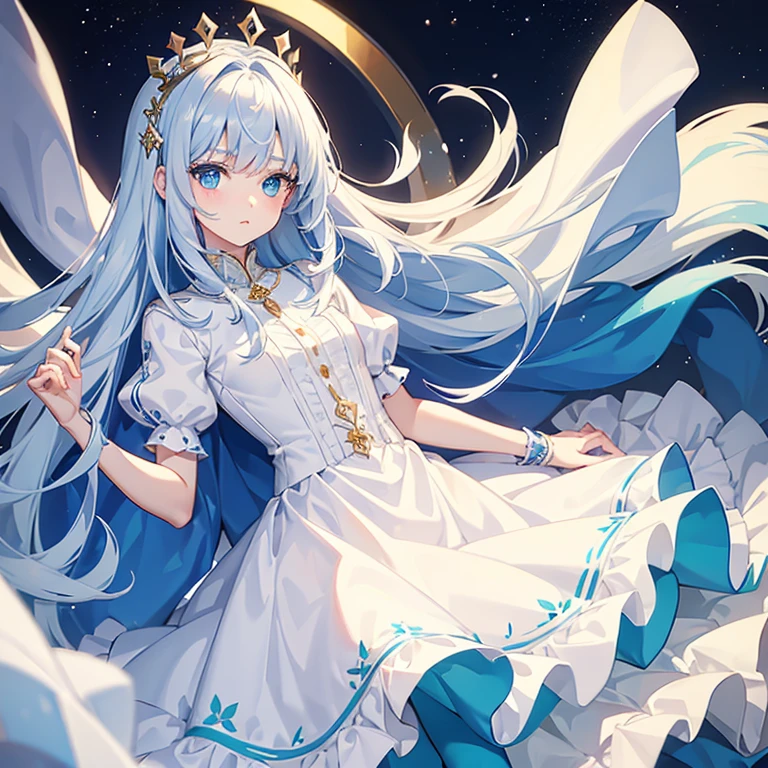 1 girl, white royal dress, blue hair, blue eyes, long lashes, pale skin, cold look, background, crown, cute