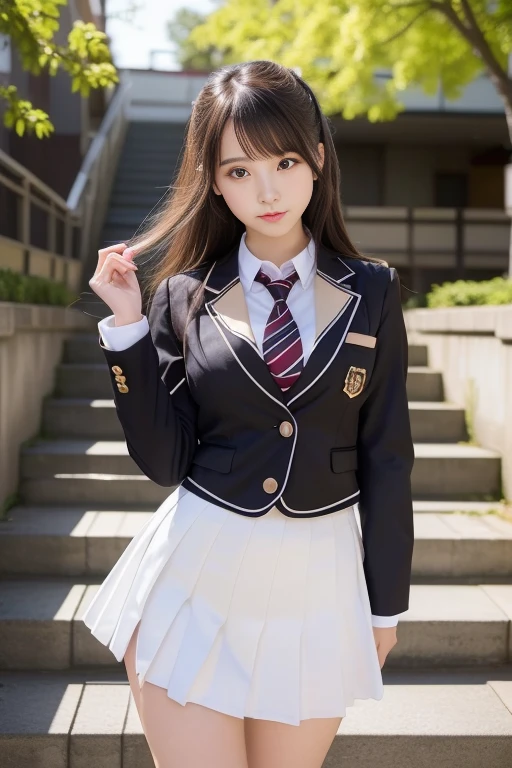 (Raw photo:1.2, Photorealsitic:1.4), Beautiful detailed girl, Highly detailed black eyes, A Japanese Lady, Ridiculous, Incredibly ridiculous,18year old ,Stylish , (hight resolution, Very detailed, Best Quality, masutepiece), Healthy body, ((Japanese girls' high school uniform)),springtime , Bruises,(perfect anatomia,Beautiful limbs), stairs at school、Silence,Idol , amazing, (C Cup:1.4, masutepiece, Best Quality,Gravure photography , )、Light on Face, Cinematic lighting, 1girl in,Professional filming, ((artistic)), ((Dynamic Pose))), (Perfect raw legs、Shining thighs),