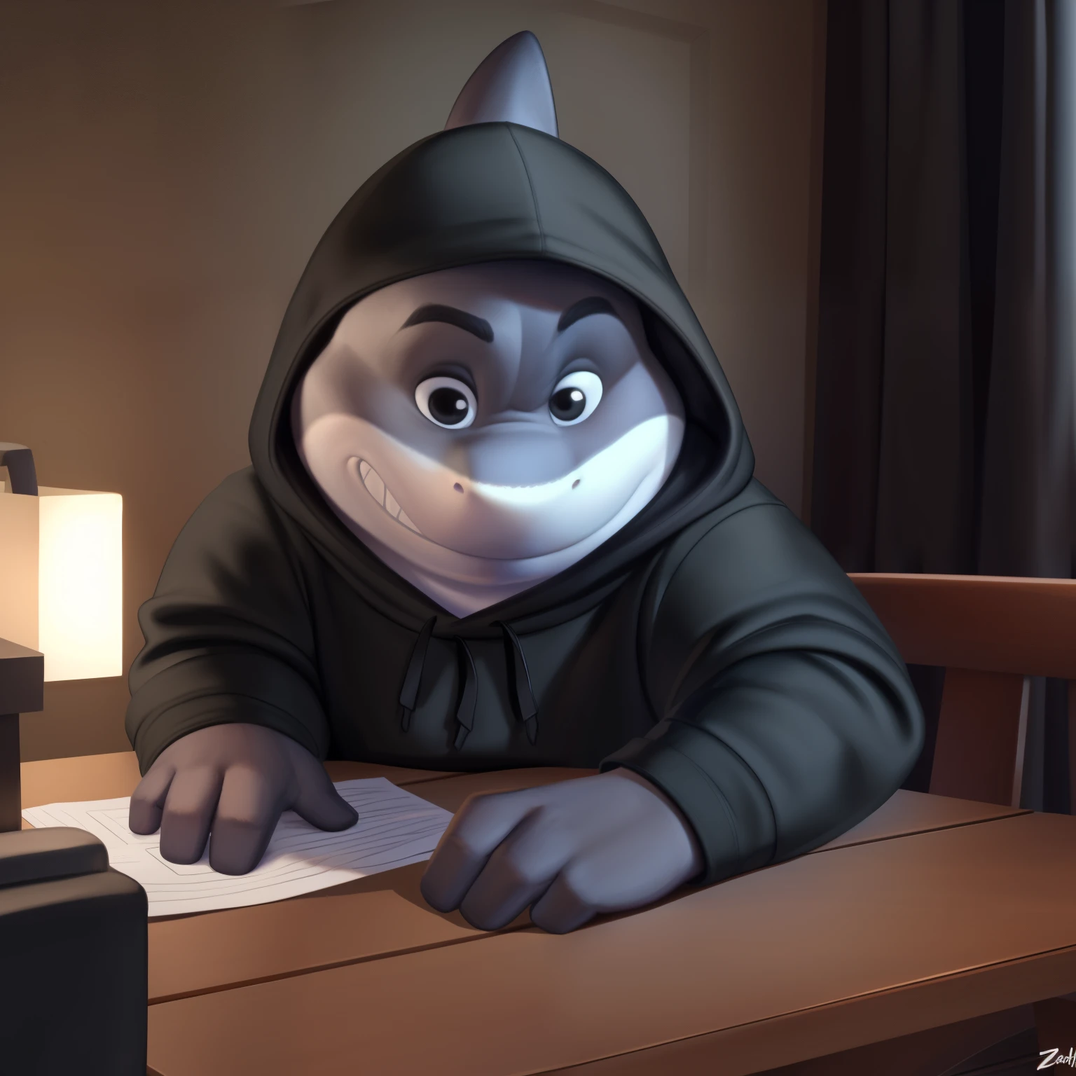 mr shark, plump, fat, belly, black eyes, (pose:1.osing:1.3), (soft shading), 4k, hi res, five fingers, detailed hands, ((detailed face, (detailed eyes:1.0), detailed)), (full body), by zackarry911, by zaush, (by personalami:0.5),  looking at viewer, shirt, 1boy, black hooded sweater, hood down showing face, black pants, dark blue shoes, male focus, pants, black shirt, gray sport pants, giant head, huge head, big head. leaning over a table, strongly hitting the surface of the table with his hand, hand resting fully on the table.  angry and serious expression