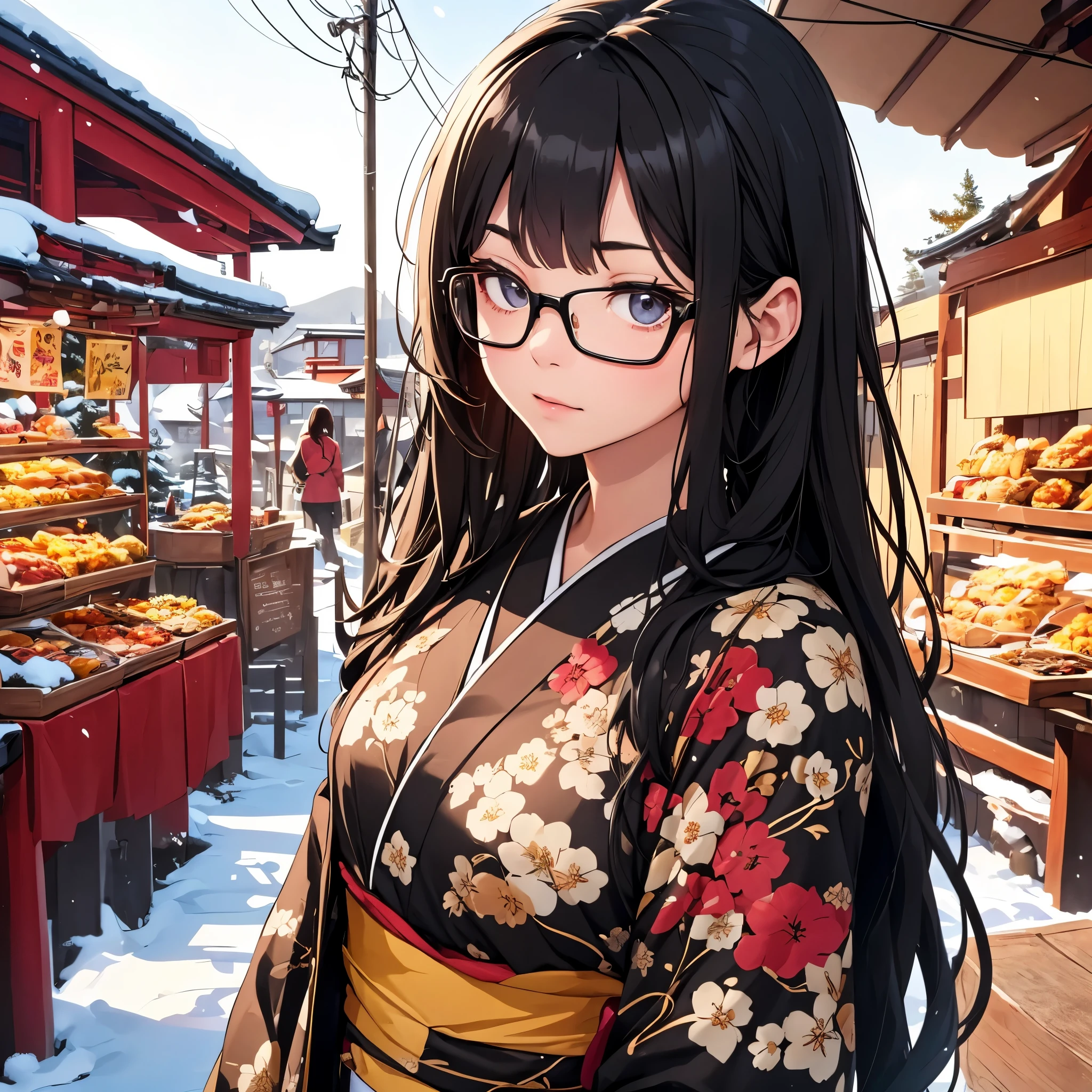 (I have one potato)、(Lookup View)、(Black long-haired)、A woman in her 20s wearing glasses、1 persons、Cool Beauty、Upper body, This year's hatsumode、Winters、Kimono、Snow、White sigh、look up sky、Shrine air and food stalls, Night