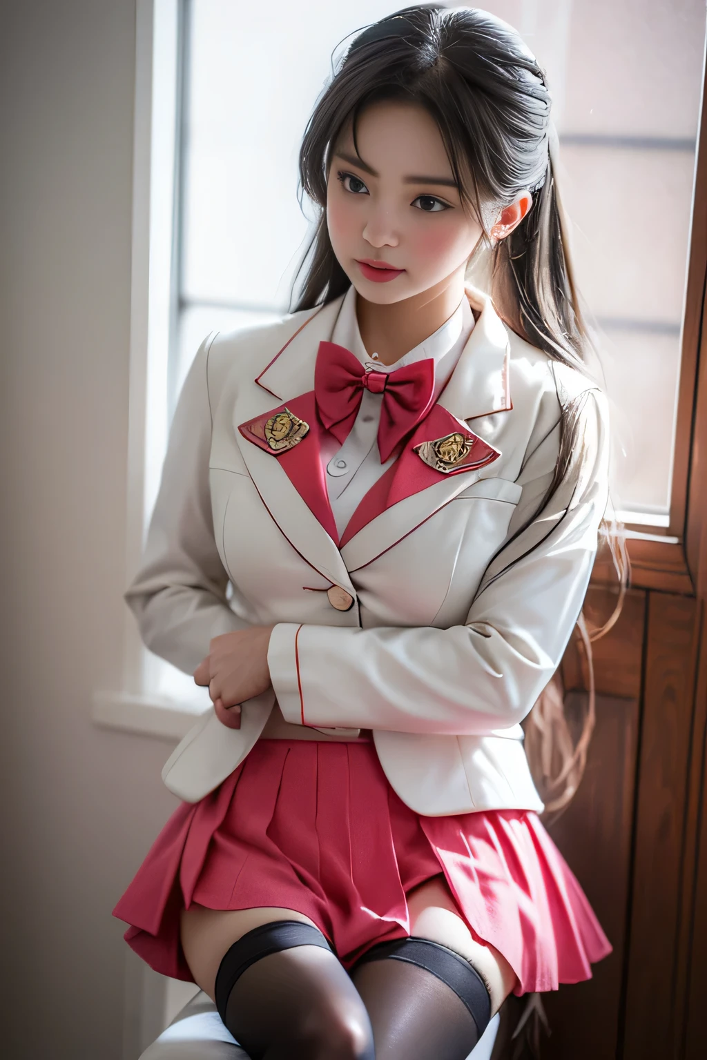 ( i&#39;me standing in a cute room)，Charming eyes，Heartwarming action，Turn your face away from the camera，stooped，Bend over，turn back，Look up at your head，thick long hair，Highly detailed body，Highly detailed face，best qualtiy、(PiNK Underwear),(High School Girls),((White Blazer、emblem on breasts))、((Translucent blouse)),((red bowtie)),((Flared skirt of check)),(Black stockings)、