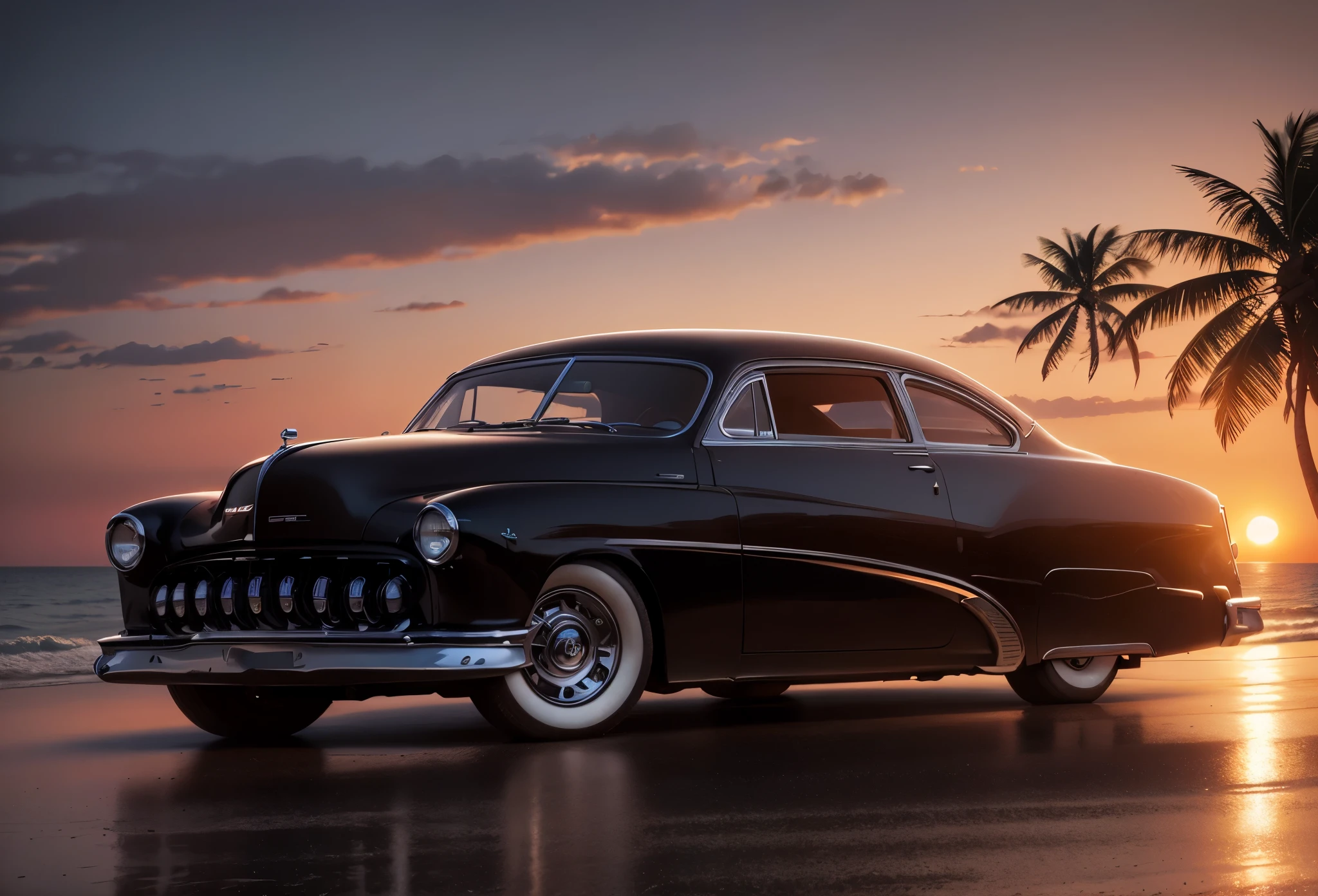 Carro Mercury 49 e praia, coconut trees and boats and yachts at sunset near Syd Mead