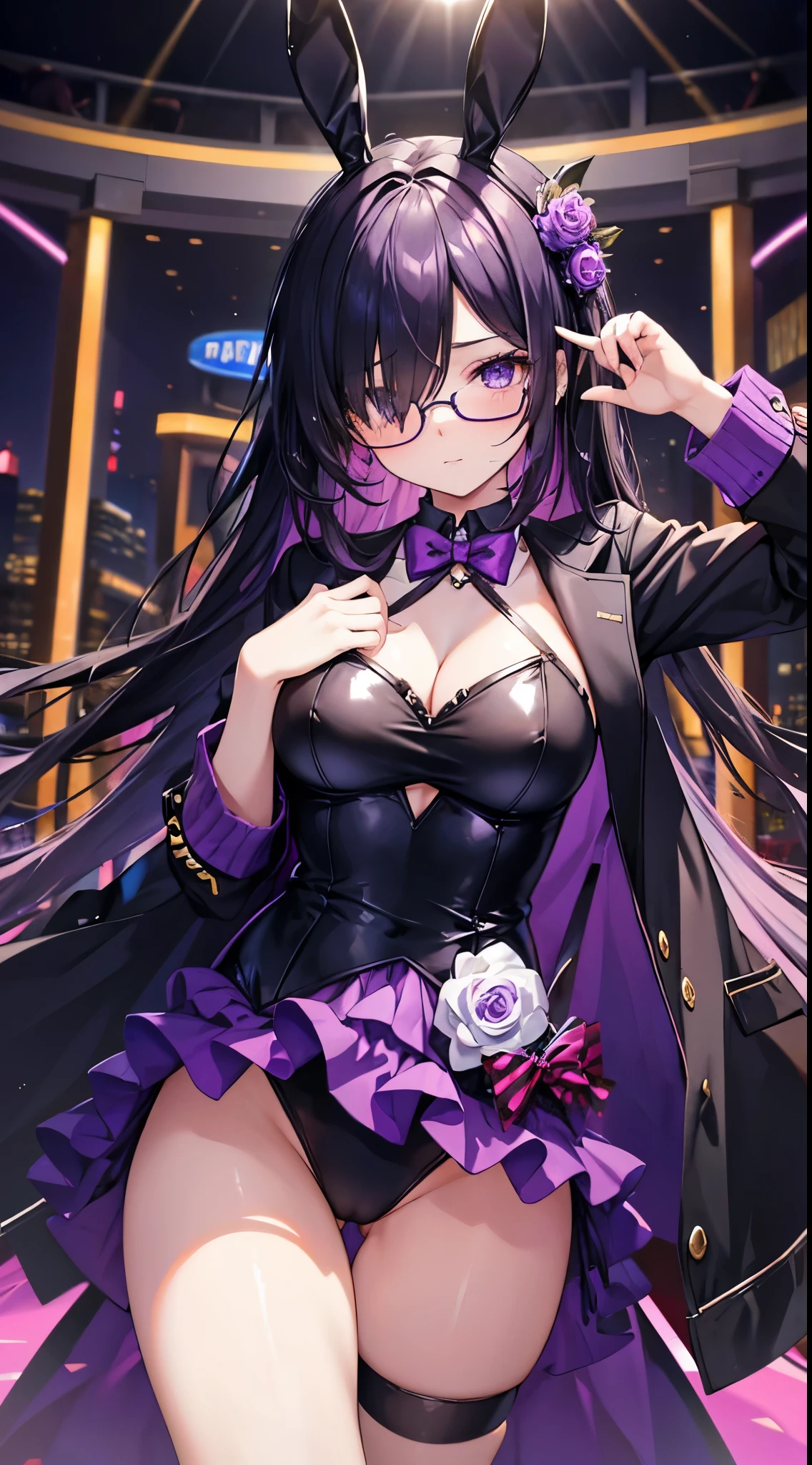 Female, 18 years old, purple-black hair trailing down to cover one eye eyes bunny girl costume Casino Wear round glasses Twittel hair