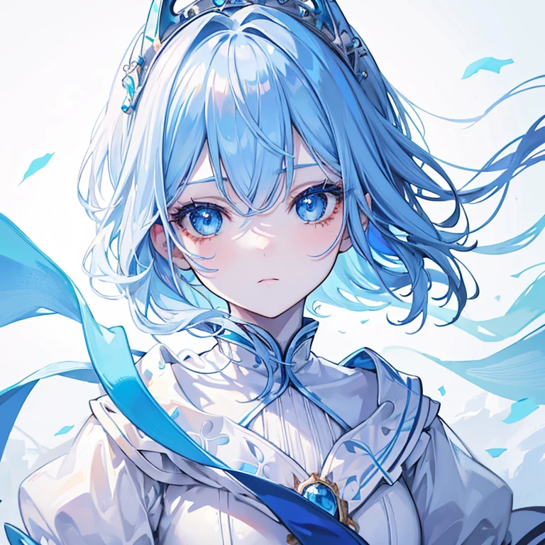 (best quality, highres, ultra-detailed, realistic, vivid colors, sharp focus), portraits, 1girl, ???, white royal dress, blue hair, blue eyes, long lashes, pale skin, cold look, cute, detailed facial expression, natural lighting, delicate crown, beautiful background