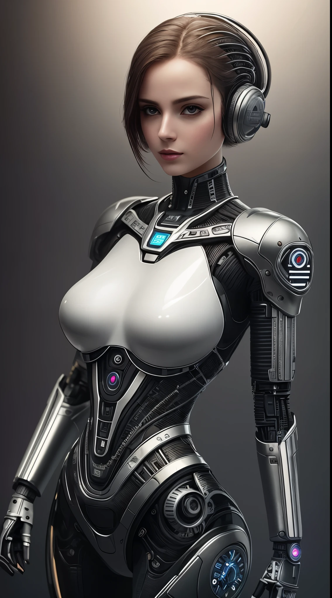 Complex 3d rendering super detailed beautiful porcelain silhouette woman android face, Cyborg, droidic parts, 150mm, Beautiful studio soft lighting, rim-light, vibrant detail, Luxury cyberpunk, Lace, hyperactual, Anatomical, face muscles, Cable Electrical Wire, micro Chip, Elegant, beatiful background, octaneratingrendering, H. r. Giger style, 8K, Best quality at best, tmasterpiece, illustratio, Extremely Delicately Beautiful, The is very detailed ,CG ,unified ,the wallpaper, (actual, photo-actual:1.37),Amazing Cleavage, finely detailled, tmasterpiece,Best quality at best,offcial art, The is very detailed CG unified 8K the wallpaper, absurd res, incredibly absurd res, droid, Silver beads, full bodyesbian, sitted