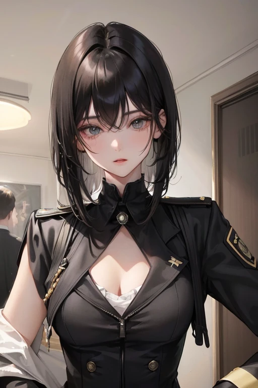 (Top resolution, Distinct_image) best qualtiy, femele, masutepiece, Highly detailed, Half realistic,Overhead view of the composition、 With short black hair, Black hair, Bangs, 21 years old, shoulder-length hair, Mature, 年轻, Black clothing, Black uniform, Army Suit, Military Academy, Beautiful, Heroic, Heroic, Indoor background, Delicate and delicate facial features