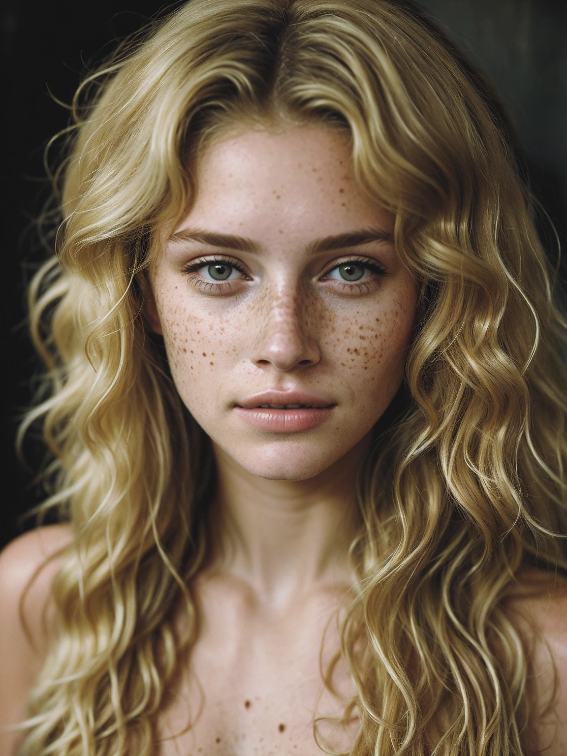 a portrait photo of a beautiful woman with curls and lots of freckles, (dirty blonde ha portrait:1.5), dramatic light , Rembrandt lighting scheme, (hyperrealism:1.2), (photorealistic:1.2), shot with Canon EOS 5D Mark IV, detailed face, detailed hair