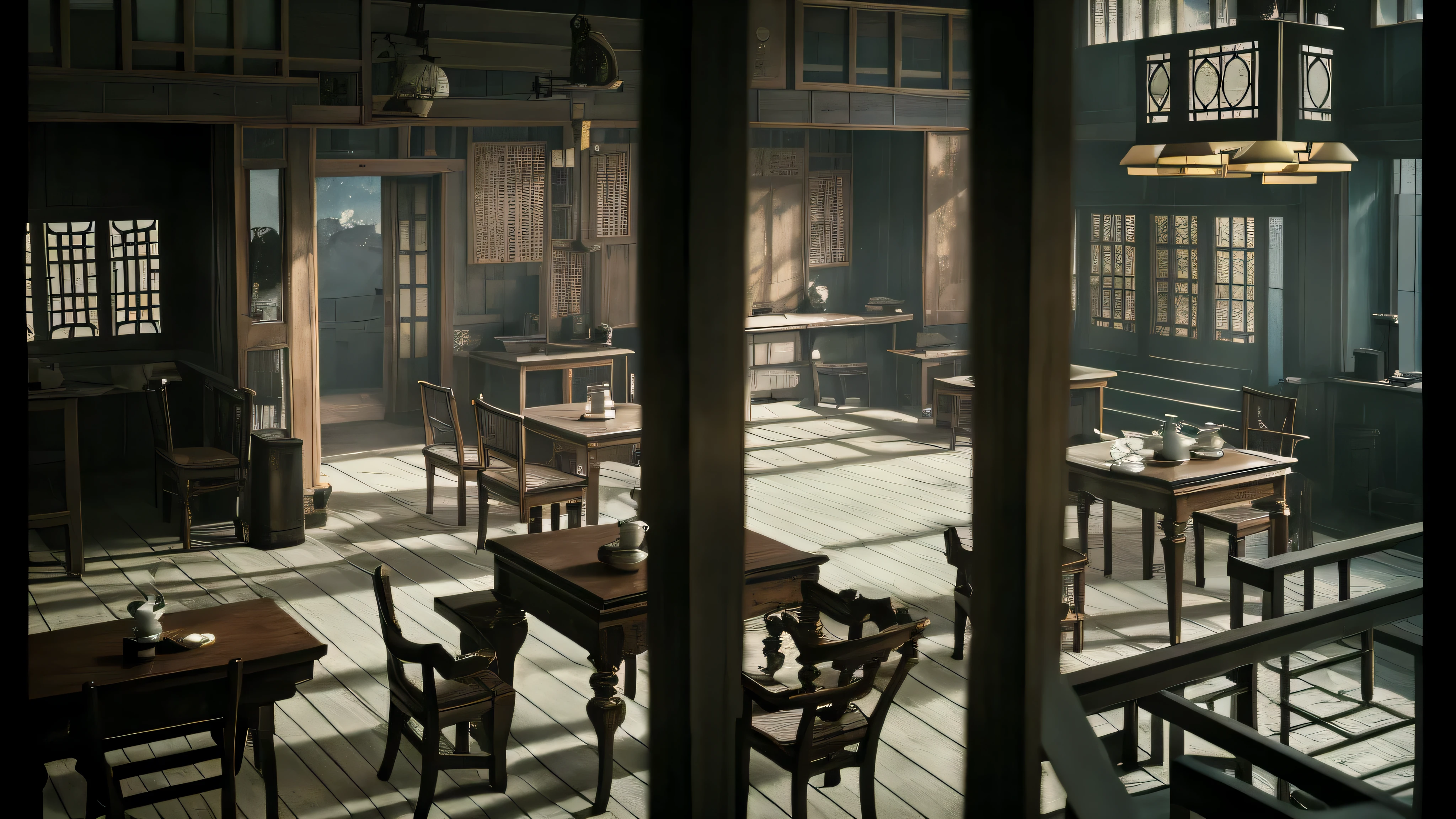 The room has large windows,there are many tables and chairs, widescreen lens, cinematic environment设计, Visually stunning scene, movie screen shot, movie establishing shot, 《tea house》Airs, 详细的Cinema lenses, Opening scene, immensely detailed scene, cinematic environment, A cinematic scene, screenshots from movies, Cinema lenses, Detailed set design, Realistic establishing shot
