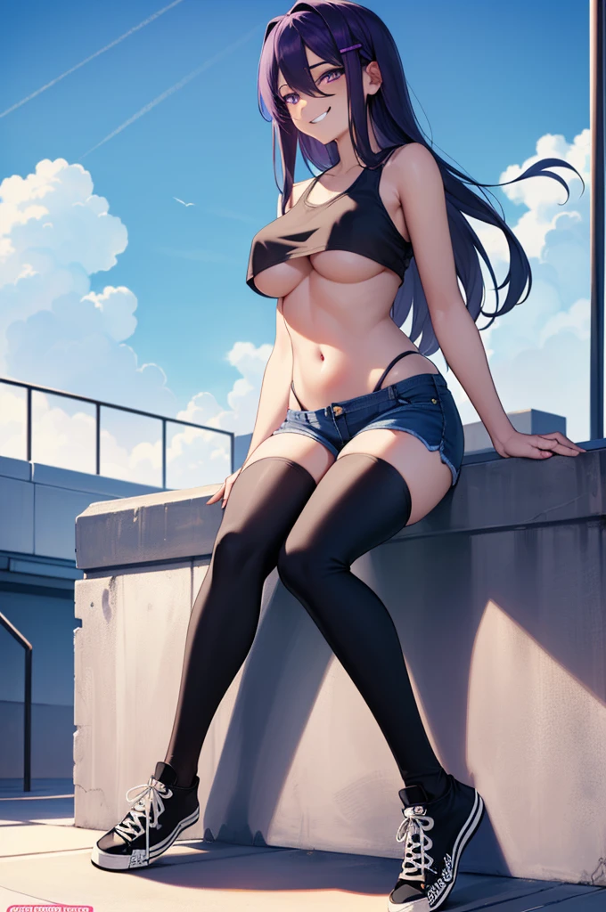 ((full body:1.4)), solo, 1 girl, ddlcyuri, ddlcyuri, hair ornament, hairclip, long hair, (purple eyes:1.1), purple hair,  hair over eyes, ((smug face:1.4)) playground background, ((sitting:1.4)), ((short jeans:1.4)), ((black tank logo:1.4)), ((underboob:1.4)), ((black thighhighs:1.4)), ((black converse shoes:1.4)), looking at viewer, (masterpiece:1.2), best quality, high resolution, unity 8k wallpaper, (illustration:0.8), (beautiful detailed eyes:1.6), extremely detailed face, perfect lighting, extremely detailed CG, (perfect hands, perfect legs, perfect anatomy), ((sky from bellow:1.4)),