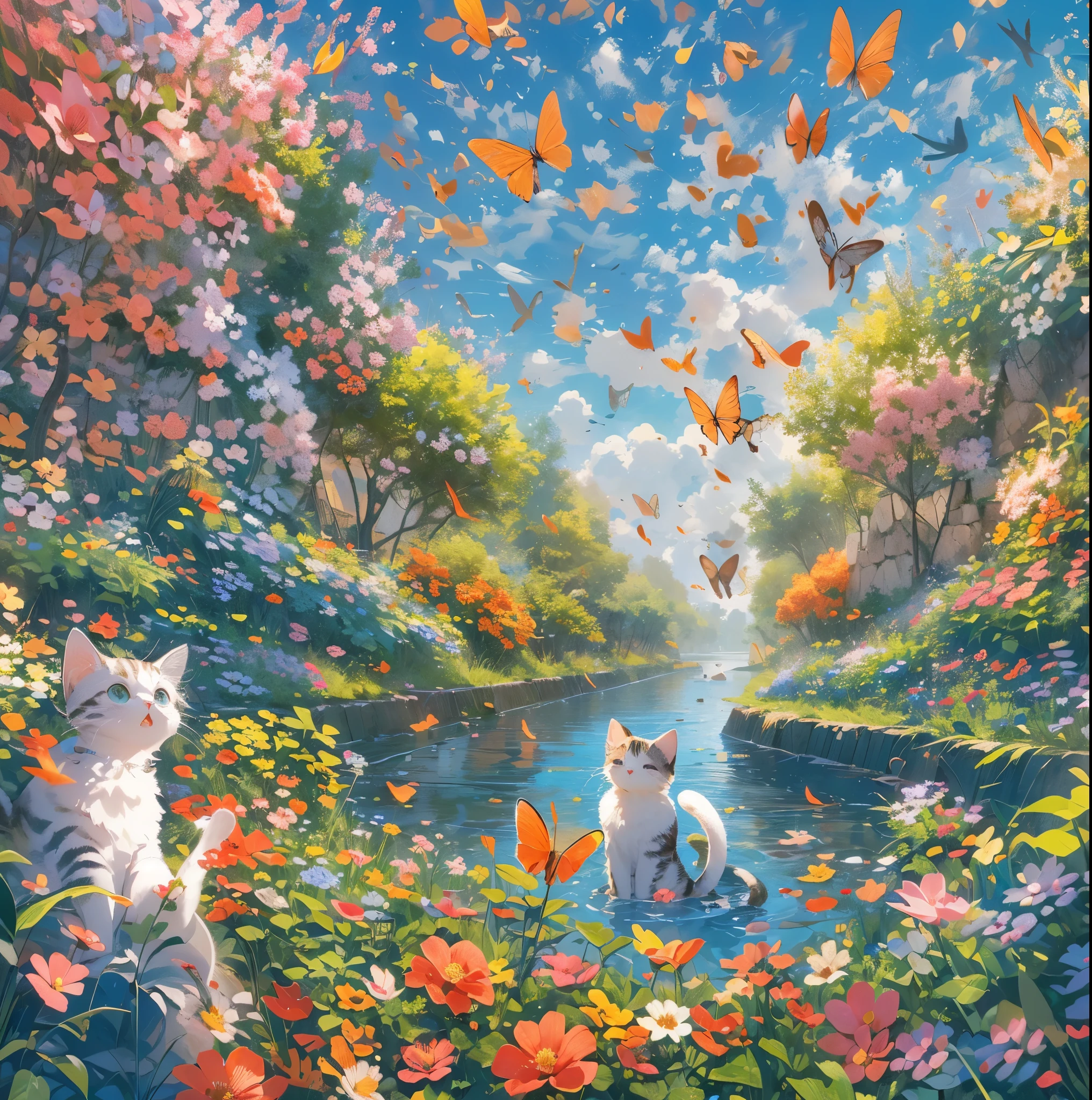 absurderes, ultra-detailliert,bright colour,(8K:1.5),masuter piece,Hearts fly,Bright scenery、For that, blue open sky,(Deep Blue Eyes:1.4) ,Colorful flowers are blooming around the river,(Cat's Paradise:1.3),rays of sunshine,The blue sky stretches as far as the eye can see,Cats are sitting in a flower garden with calm expressions,Birds are also flying in the sky,Confetti,