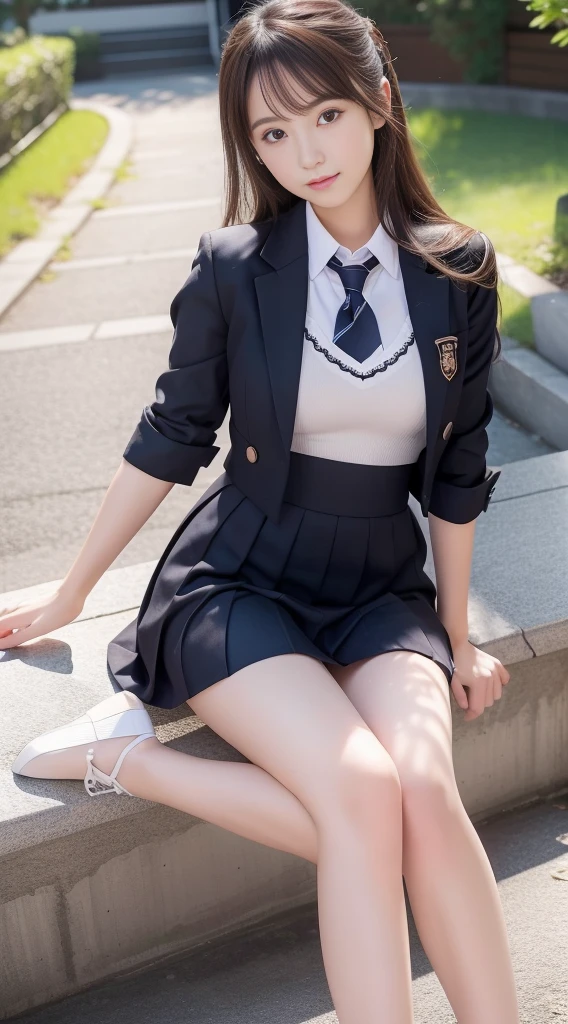 (Raw photo:1.2, Photorealsitic:1.4), Beautiful detailed girl, Highly detailed black eyes, A Japanese Lady, Ridiculous, Incredibly ridiculous,18year old ,Stylish , (hight resolution, Very detailed, Best Quality, masutepiece), Healthy body, ((Japanese girls' high school uniform)),springtime , Bruises,(perfect anatomia,Beautiful limbs), stairs at school、((Sit with your legs stretched))、((straight legs:1.5))、Silence,Idol , amazing, (C Cup:1.4)、(masutepiece, Best Quality,Gravure photography )、Light on Face, Cinematic lighting, 1girl in,Professional filming, ((artistic)), ((pose that bends the body))), (Perfect raw legs、Shining thighs),