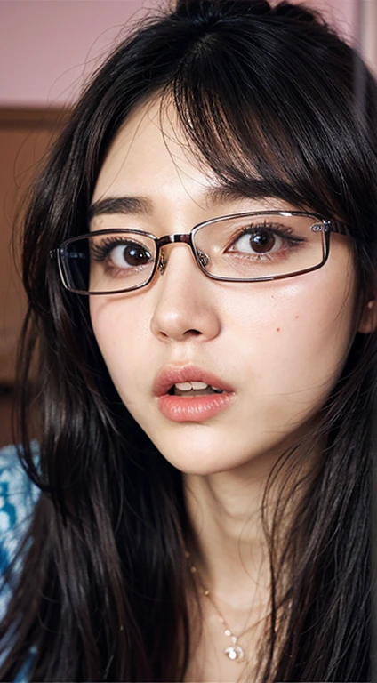 woman with square glasses and a pink background, 18 years old, korean girl, sexy lips, breast