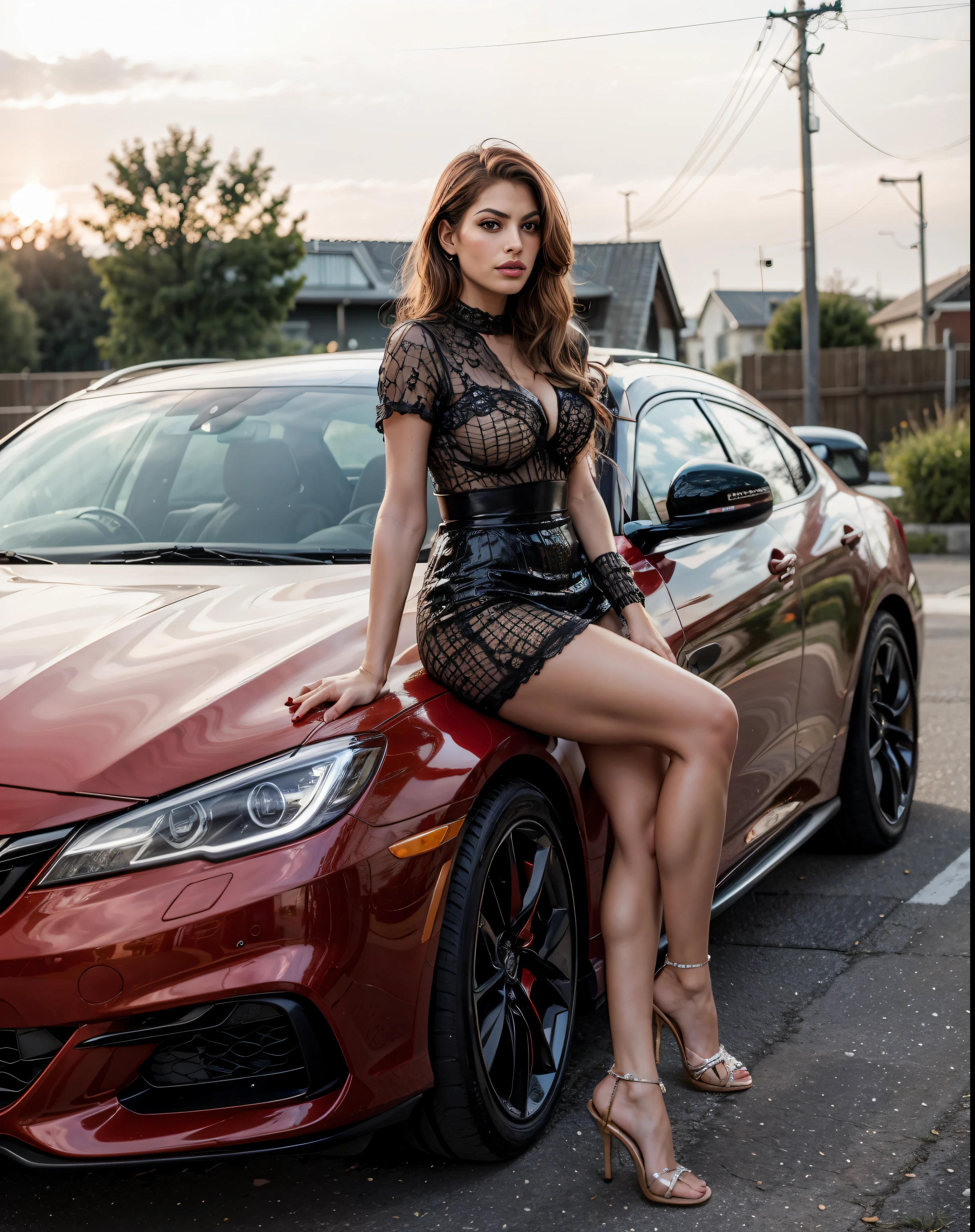 a woman (Eva Mendes) sitting on the hood of a red Sportwagen, latein-amerikanisches supermodell, rotes Auto, Sportwagen, Stilvolle Pose, glatt in _ Der Hintergrund, Fotoshooting, sitzt in ihrem Auto, Sportwagen, Sportwagen, Schauspielerin, Photo of the beauty Eva Mendes, very artistic pose, Modellierung der Fotografie, in einem roten Outfit, the woman is wearing a costume, the top of the costume has a deep neckline, Lovely Small Breasts, Seductive, voluptuous look, Frau giert nach Sex