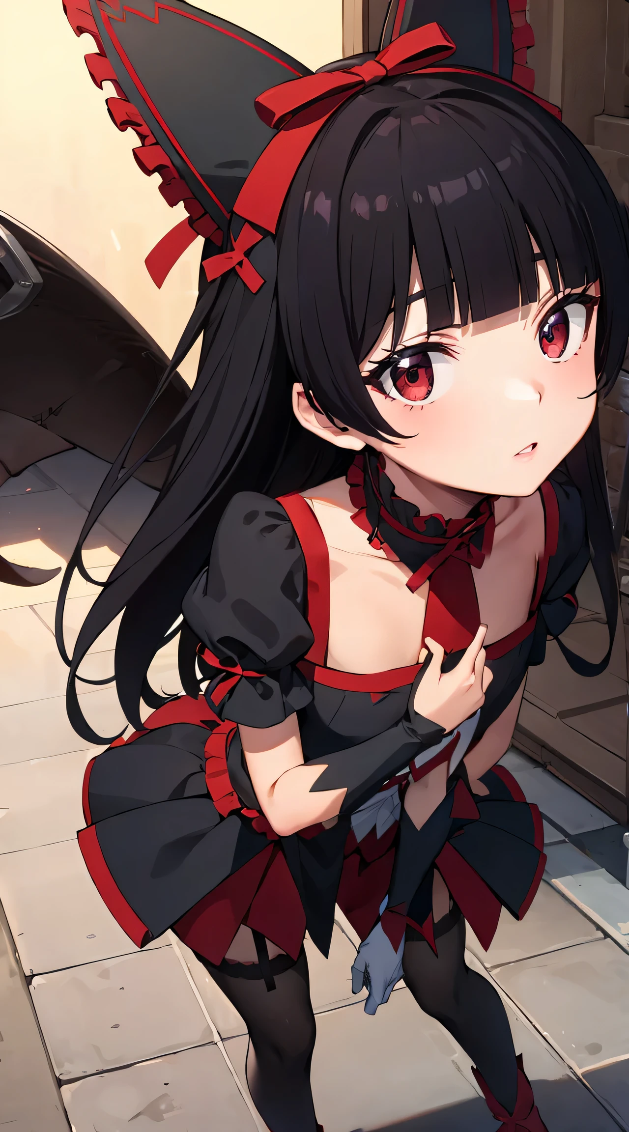 Rory Mercury, Rory Mercury, black  hair, blunt bangs, hime cut, hair ornament, red lipstick, hairlong, cute face, makeup, (small chest:1.2), (red eyes:1.5), BREAK Gothic underwear, the perfect body (little chest:1.3),  BREAK in full growth, red shoes, BREAK Black Stockings, Black Gloves BREAK, black thighs, garter straps, gloves, gotik, Hair Bow, gothic fashion, puffy short sleeves, puffy sleeves, short sleeves, thights, thights,  BREAK of the starry night sky, night city, BREAK looks at the viewer, BREAK (Masterpiece:1.2), Best Quality, High Resolution, Unity 8k壁纸, (illustartion:0.8), (beautiful detail eyes:1.6), extremely detailed face, perfect  lighting, extremely detailed CGI, (perfect arms, perfect anatomy),