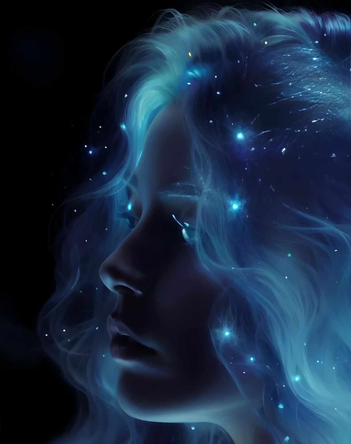 woman with hair and stars in her hair, Glowing blue face, Glowing flowing hair, girl with space hair, Get out of the blue fire, Yuri Shwedoff and Tom Bagshaw, flowing Glowing Hair, Portrait of a cosmic goddess, Glowing Hair, Strange portrait with a galaxy, Portrait of a Cosmic Being