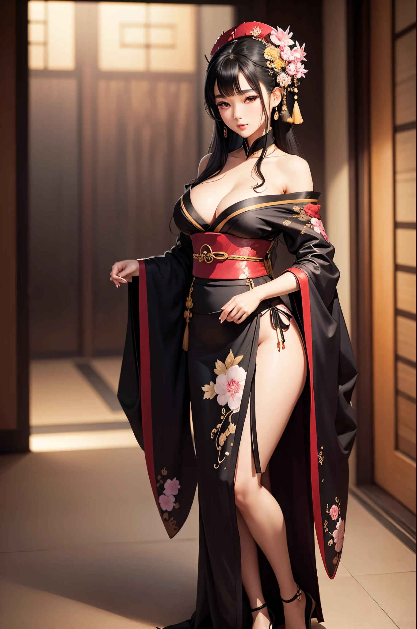 gorgeous oriental woman, silky black hair in an elaborate hairstyle, elegant embroidered kimono, sakura flower embroidery, gold details, full body shot, cleavage, bare shoulders, standing, large breasts,