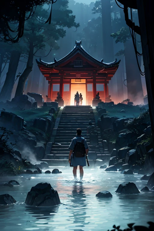 Close-up of a man walking in a dark cave, 水下shrines, 神话shrines, Ruins Explorer at Dusk, Mysterious temple setting, Temple sacrificial scene submerged in water, water temple, cave setting, Underground Temple, a scene from《Bravely breaking through Iple flooded scene, cutscene clip, Hot springs hidden in caves, shrines, In the center of the circular ruins