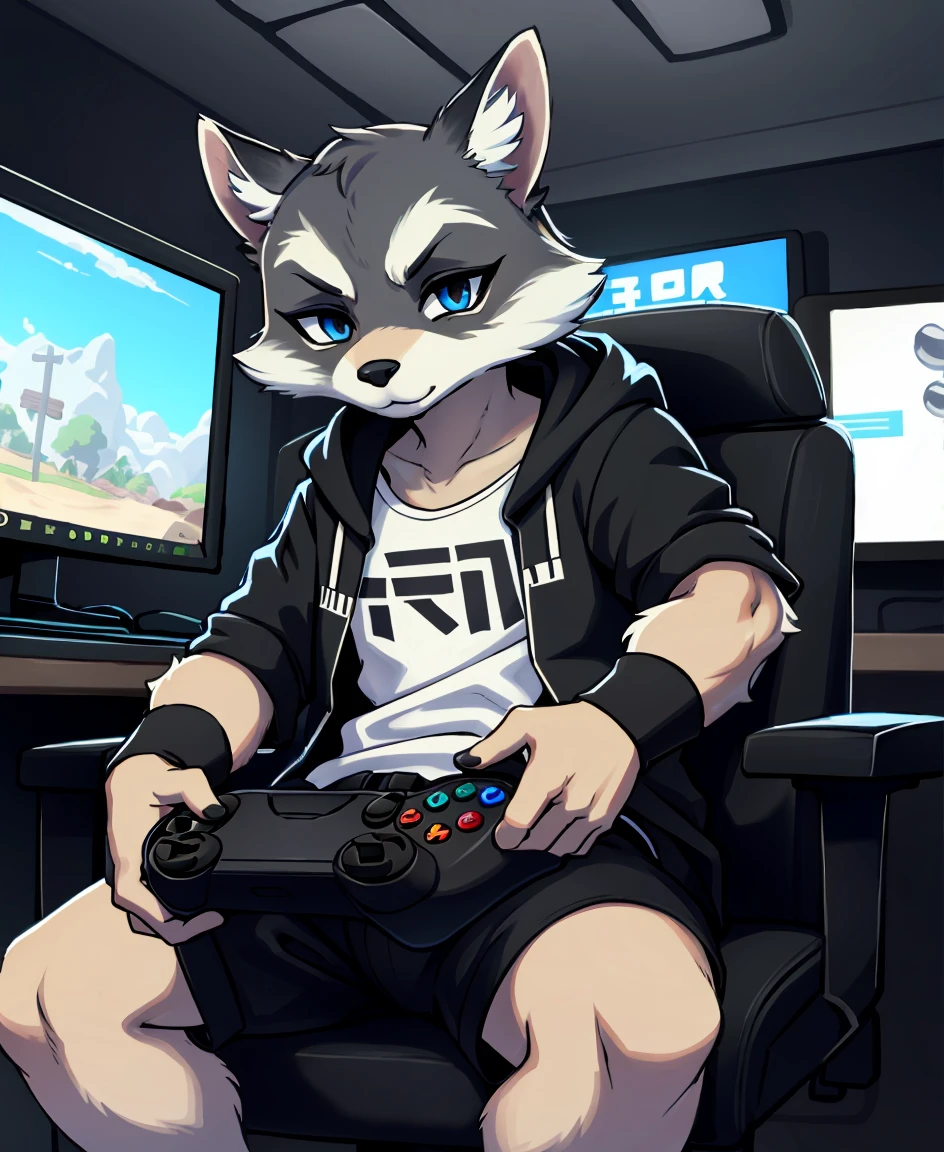 SFW, High resolution, 4k, Male Racoon, wearing gamer clothes, gaming with a xbox controller