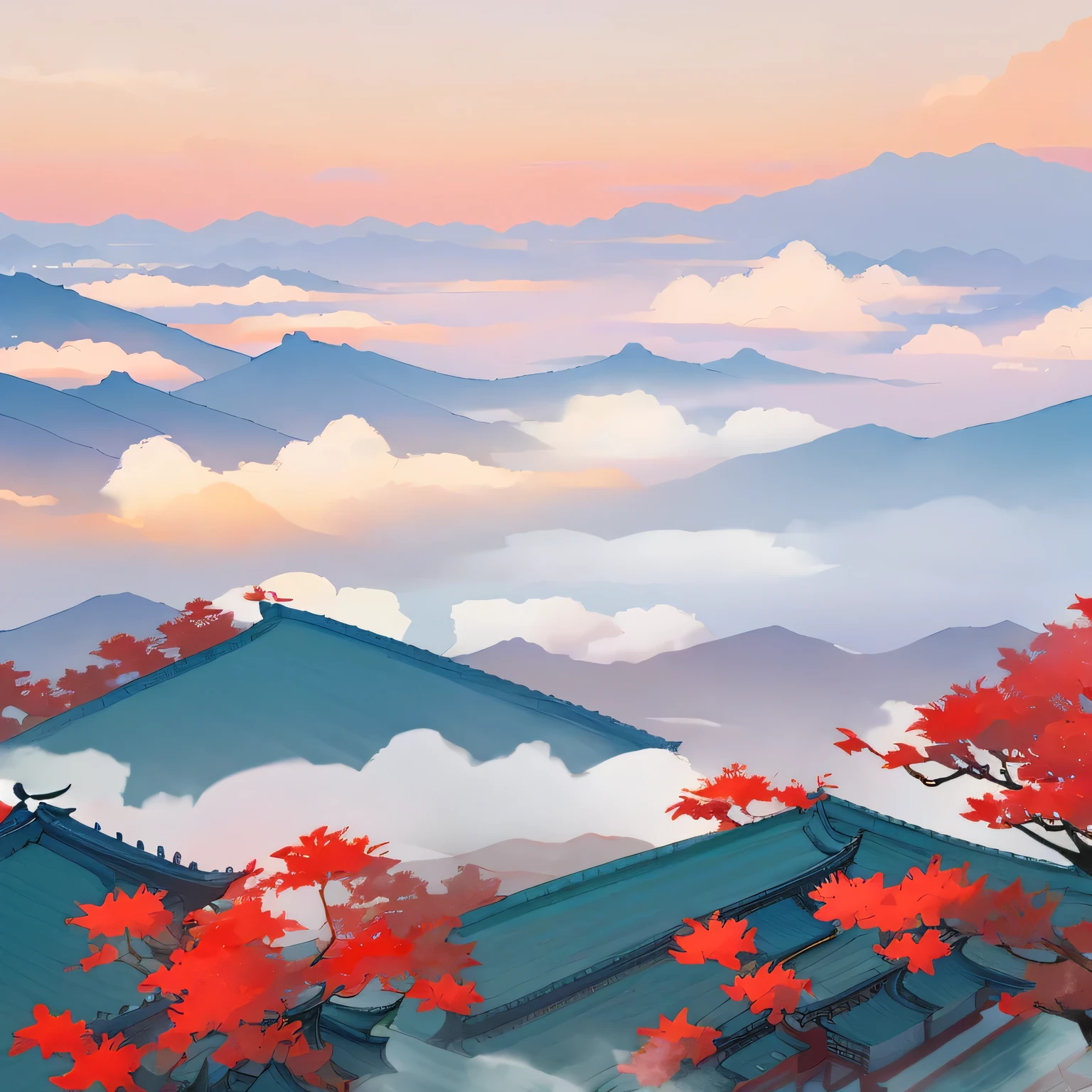 Autumn&#39;s tree with orange, 's, and the red leaves in the foreground, valley mist, Illustration style