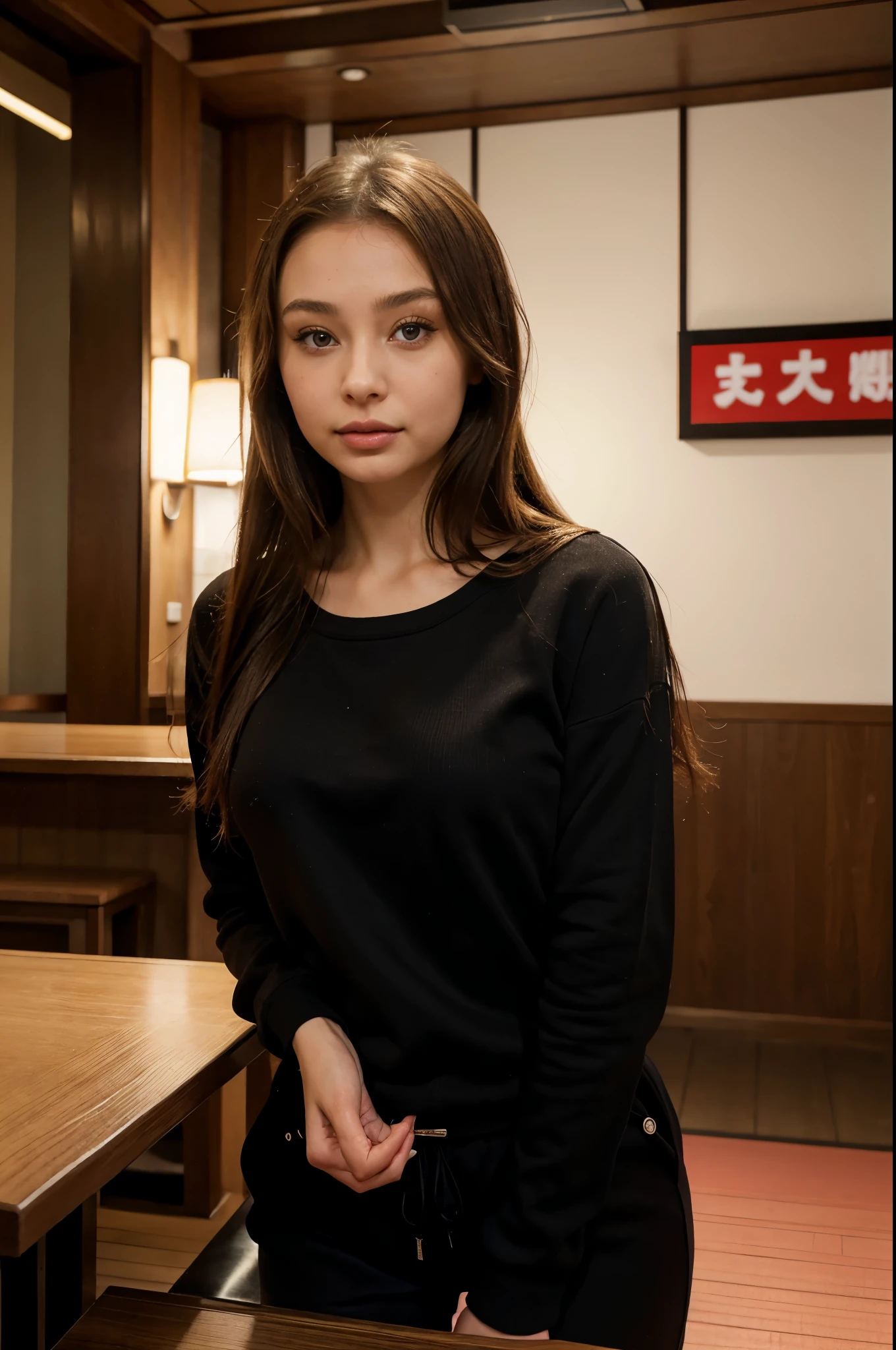 Portrait Sophie Mudd,in Tokyo, in a japan restaurant, with food in the table, in front of , sweat shirt noir, sweat shirt black, joli sweat shirt, same sweat shirt, corps parfait, joli visage souriant,