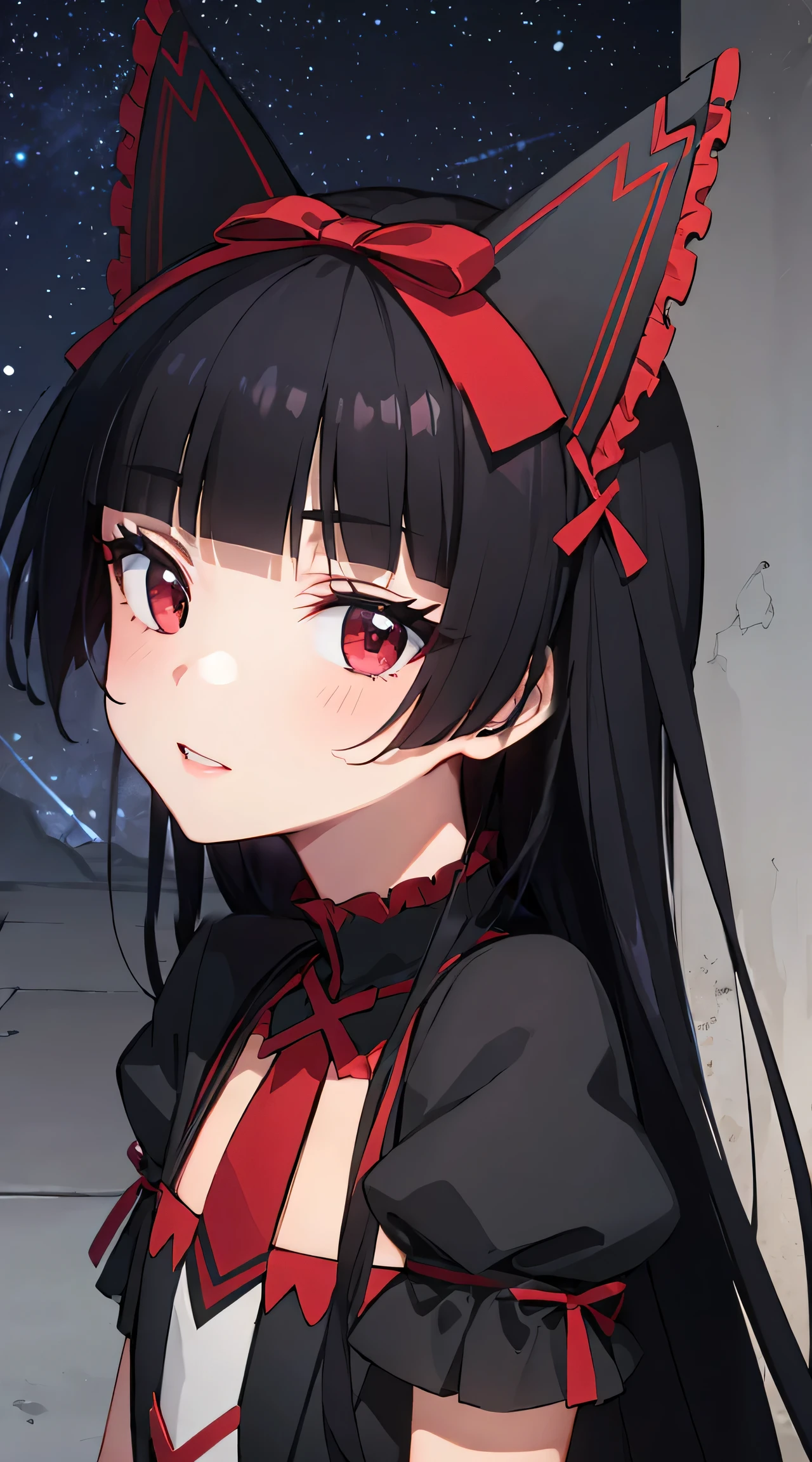 Rory Mercury, Rory Mercury, black  hair, blunt bangs, hime cut, hair ornament, red lipstick, hairlong, cute face, makeup, (small chest:1.2), (red eyes:1.5), BREAK Gothic underwear, the perfect body (little chest:1.3),  BREAK in full growth, red shoes, BREAK Black Stockings, Black Gloves BREAK, black thighs, garter straps, gloves, gotik, Hair Bow, gothic fashion, puffy short sleeves, puffy sleeves, short sleeves, thights, thights,  BREAK of the starry night sky, night city, BREAK looks at the viewer, BREAK (Masterpiece:1.2), Best Quality, High Resolution, Unity 8k壁纸, (illustartion:0.8), (beautiful detail eyes:1.6), extremely detailed face, perfect  lighting, extremely detailed CGI, (perfect arms, perfect anatomy),