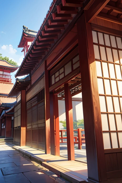 There is a red bench in front of the building, japanese temples, 禅宗a temple background, a temple background, japanese temples, ancient japanese architecture, Japan architecture, Inspired by Ito Wakachi, peaked wooden roofs, Roof background, Japanese house, japanese heritage, kyoto inspired, Inspired by Dongyang, Selangor, traditional japanese, Chinese architecture