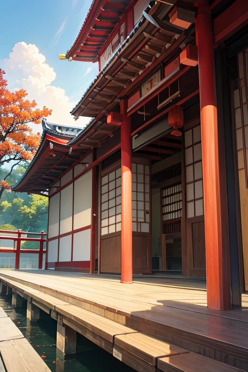 There is a red bench in front of the building, japanese temples, 禅宗a temple background, a temple background, japanese temples, ancient japanese architecture, Japan architecture, Inspired by Ito Wakachi, peaked wooden roofs, Roof background, Japanese house, japanese heritage, kyoto inspired, Inspired by Dongyang, Selangor, traditional japanese, Chinese architecture