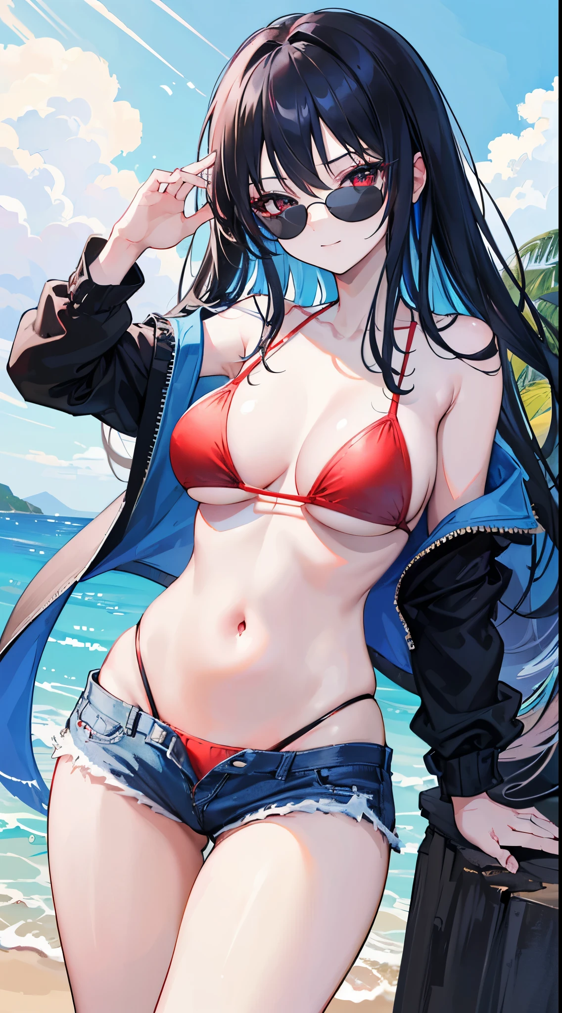 (8K、Top image quality、top-quality、masterpiece)、A detailed face、1 girl in、Black hair long hair、Blue inner color、red eyes、((Wearing black sunglasses))、A slight smil、large full breasts、((red bikini))、denim short shorts、cowboy shot、blue open sky、seaside backgroud