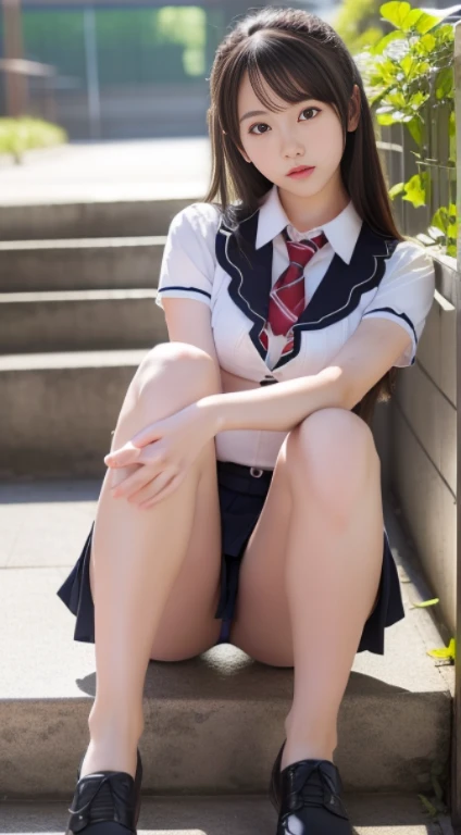 (Raw photo:1.2, Photorealsitic:1.4), Beautiful detailed girl, Highly detailed black eyes, A Japanese Lady, Ridiculous, Incredibly ridiculous,18year old ,Stylish , (hight resolution, Very detailed, Best Quality, masutepiece), Healthy body, ((Japanese girls' high school uniform)),springtime , Bruises,(perfect anatomia,Beautiful limbs), stairs at school、((Sit with your legs stretched))、((Straight legs:1.5))、Silence,Idol , amazing, (C Cup:1.4)、(masutepiece, Best Quality,Gravure photography )、Light on Face, Cinematic lighting, 1girl in,Professional filming, ((artistic)), ((Body bending pose))), (Perfect raw legs、Shining thighs),