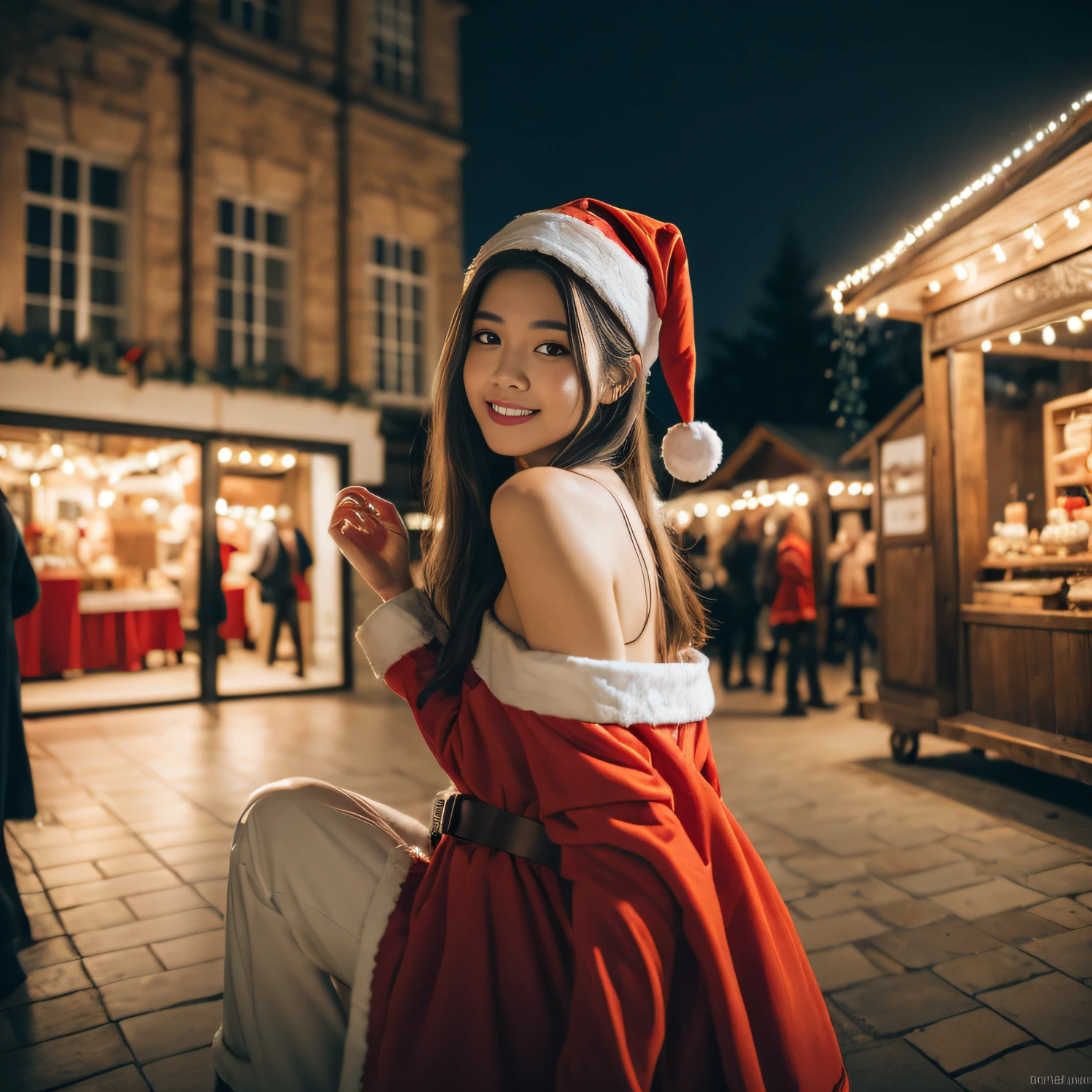 (((Santa Claus Costume))),(((Looking at Viewer:1.5))),(((Shoot a girl from the side))),ulzzang -6500-v1.1, (Raw photo:1.2), (photographrealistic:1.4), a beautiful detailed girl, extremely detailed eye and face, Beautiful detailed eyes, Ultra-detailed, High resolution, top-quality, masterpiece, Highly detailed, 8K Wallpaper, Wonderful, finely detail, top-quality, Light on the Face,电影灯光,1girl in,(Christmas market in Stuttgart),Beautiful eyes,Smile,Opening Mouth