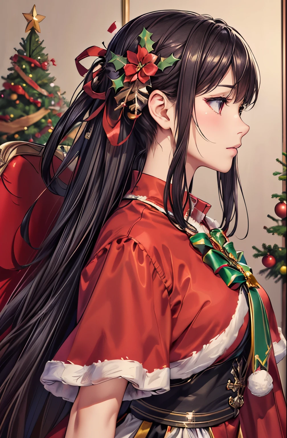 christmas tree, detailed background, 1girl, detailed red clothing, detailed Colorful hair ornaments, (shiny skin), hierarchical form, Soft color palette, detailed manga style, (best quality, masterpiece, Representative work, official art, Professional, unity 8k wallpaper:1.3)