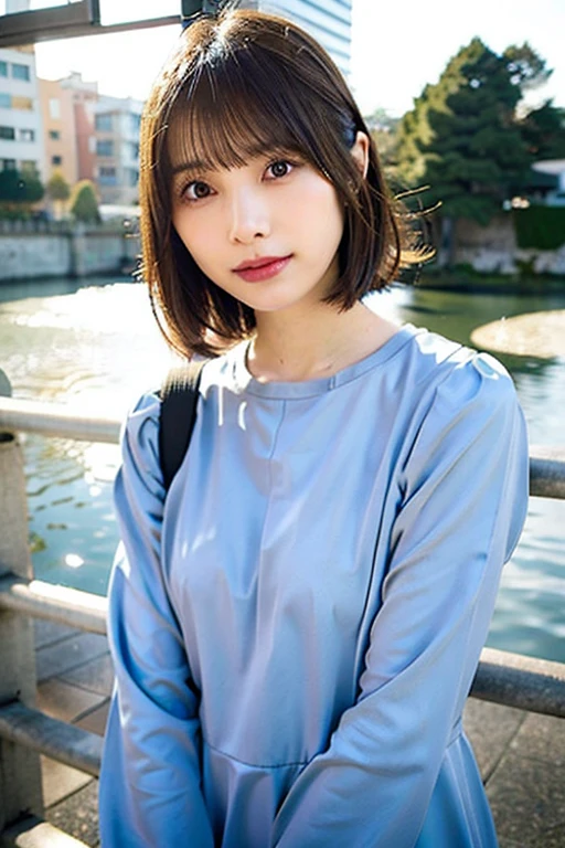 (top-quality、16K resolution)1人、独奏、natural soft light、A Japanese Lady、Nogizaka46 idol girl photo、Looking at the camera、Concrete background、Facing the front、is standing、long、Woman in her late teeight bangs、short cut salon model、Natural look、portlate、floated hair、