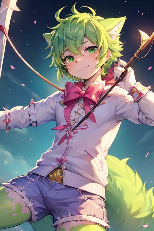 (((8K))), (((wolf))), ((spiky hair)), (((magical boy outfit))), nose bandage, (((limegreen hair))), boy, schoolboy, cute boy, cute, lime green eyes, lime green hoodie, long muzzle, smiling, delinquent, handsome, very detailed, intricate detail, detailed face, cute fang, enthusiastic, energetic, playful, pink nose, black fur, white inner fur, white belly, ((magic boy)), ((madoka anime)), (((Puella Magi Madoka Magica))), (((holding bow))), (((1boy))), from a magical girl team, boyish face, magical boy, Magi-shounen, shorts, (((archery bow))), (((bow weapon))), magical, glowing, holy, acid, lime