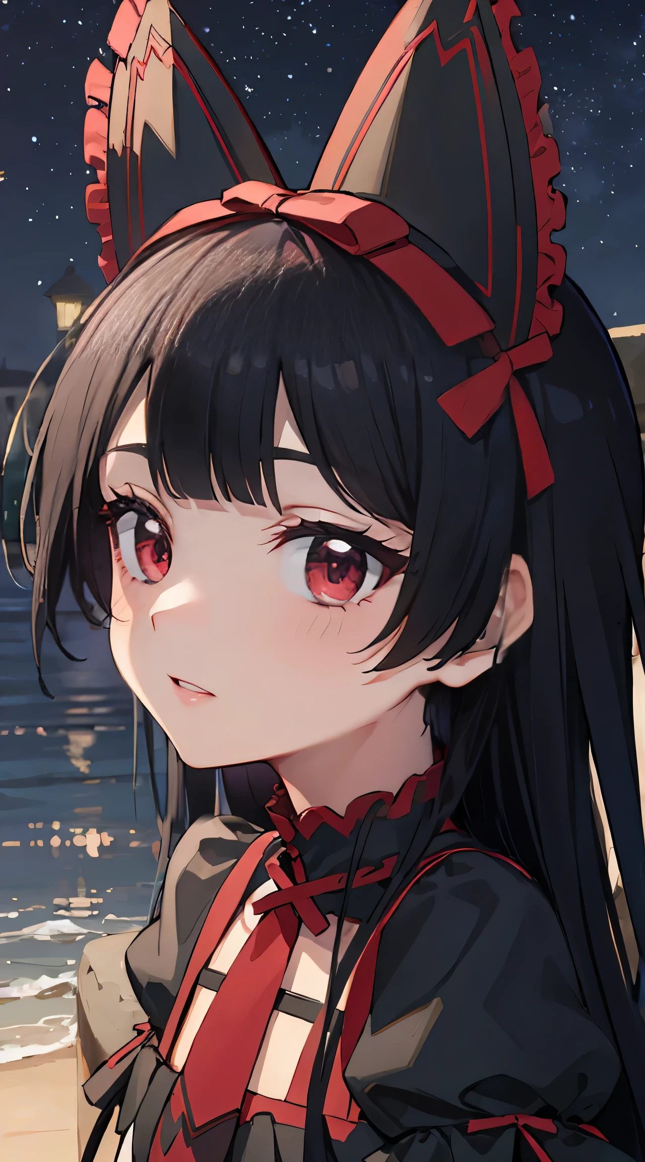 Rory Mercury, Rory Mercury, black  hair, blunt bangs, hime cut, hair ornament, red lipstick, hairlong, cute face, makeup, (small chest:1.2), (red eyes:1.5), BREAK Gothic underwear, the perfect body (little chest:1.3),  BREAK in full growth, red shoes, BREAK Black Stockings, Black Gloves BREAK, black thighs, garter straps, gloves, gotik, Hair Bow, gothic fashion, puffy short sleeves, puffy sleeves, short sleeves, thights, thights,  BREAK of the starry night sky, night city, BREAK looks at the viewer, BREAK (Masterpiece:1.2), Best Quality, High Resolution, Unity 8k壁纸, (illustartion:0.8), (beautiful detail eyes:1.6), extremely detailed face, perfect  lighting, extremely detailed CGI, (perfect arms, perfect anatomy),