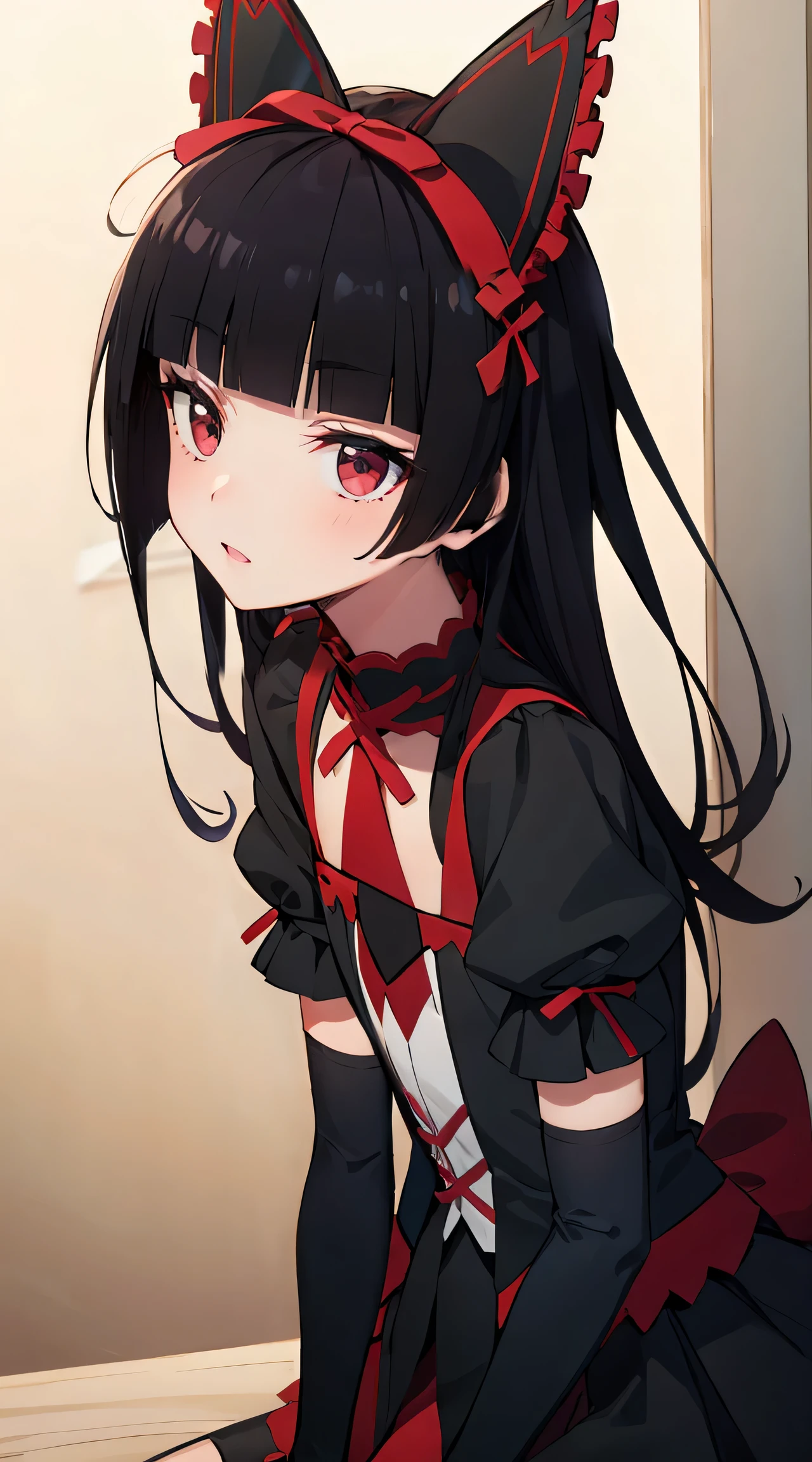 Rory Mercury, Rory Mercury, black  hair, blunt bangs, hime cut, hair ornament, red lipstick, hairlong, cute face, makeup, (small chest:1.2), (red eyes:1.5), BREAK Gothic underwear, the perfect body (little chest:1.3),  BREAK in full growth, red shoes, BREAK Black Stockings, Black Gloves BREAK, black thighs, garter straps, gloves, gotik, Hair Bow, gothic fashion, puffy short sleeves, puffy sleeves, short sleeves, thights, thights,  BREAK of the starry night sky, night city, BREAK looks at the viewer, BREAK (Masterpiece:1.2), Best Quality, High Resolution, Unity 8k壁纸, (illustartion:0.8), (beautiful detail eyes:1.6), extremely detailed face, perfect  lighting, extremely detailed CGI, (perfect arms, perfect anatomy),