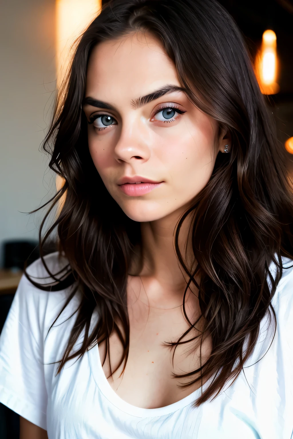 beautiful woman, long wavy black hair, wearing a white t-shirt without print, photo taken from 6 feet away, front view (sitting inside a modern coffee shop), Cara Delevingne, very detailed, 26 years, natural wave hair, blue eyes, high-res, masterpiece, best quality, intricate details, highly detailed, sharp focus, detailed skin, realistic skin texture, texture, detailed eyes,  natural blue eyes, professional, 4k, Canon shooting, 85mm, shallow depth of field, perfect fit body, extremely detailed, photo_\(ultra\), photorealistic, realistic, maximum detail, roughness, real life, ultra realistic, photorealism, photography, 8k uhd, photography (grain of film) medium shot for closeup shot atmospheric lighting