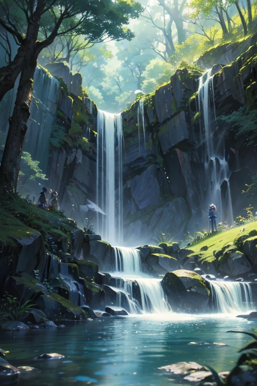 A group of people standing in front of a waterfall in an anime scene, (best quality,4k,8k,highres,masterpiece:1.2), ultra-detailed, (realistic,photorealistic,photo-realistic:1.37), vibrant colors, studio lighting, sharp focus, HDR. The scene showcases a beautiful anime landscape with the waterfall cascading down into a crystal-clear pool. The characters are positioned in a way that their expressions convey a sense of awe and wonder towards the magnificent scenery. The lush greenery surrounding the waterfall adds to the overall serene and peaceful atmosphere. The water droplets falling from the waterfall are intricately drawn, capturing the delicate details. The sunlight filters through the trees, creating a dreamy and magical ambiance. The anime style of the scene exudes a whimsical and fantastical vibe, with hints of Sao and Rune Factory 5 art styles. The characters are dressed in vibrant and eye-catching costumes, reflecting the  theme. The scene also includes elements of a Rune Factory 5-like setting, with a touch of fantasy and enchantment. The animation transitions seamlessly, resembling a captivating cinematic experience. The night sky is adorned with twinkling stars, adding a touch of magic to the scene. The overall composition of the scene emphasizes the beauty and tranquility of nature, perfectly encapsulating the essence of an anime masterpiece.