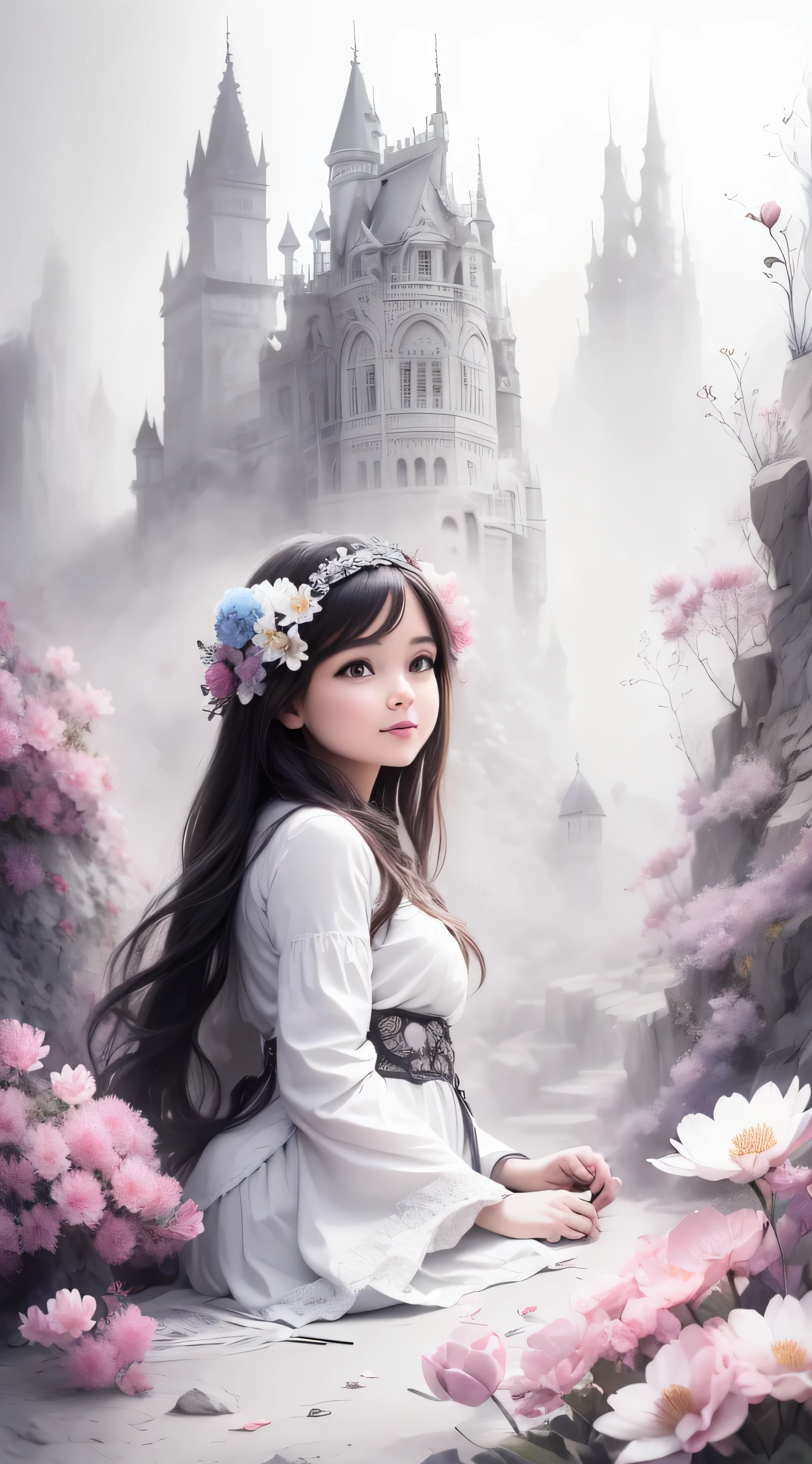 meilleur qualité, ultra-détaillée, Une fille (Ligne de crayon) en noir et blanc ajoute de la couleur avec un crayon fleur (couleurs éclatantes, Pastels moelleux): Art linéaire, croquis au crayon, style hachuré, Style de livre de coloriage. Scène animée, Composition créative, Ambiance onirique, Arrière-plan impressionniste, ombrage subtil, Détails fins, Pinceau artistique, Caractéristiques expressives, Éléments ludiques, Poses dynamiques, Émotions positives, Monde fantastique, Créatures magiques, fleurs colorées, Personnages fantaisistes, Illustration de livre d’histoires, Ambiance joyeuse, Souvenirs d’enfance, Moments heureux, imagination sans fin, aventure créative, lignes et courbes délicates, coloriages stimulants,activité relaxante, des combinaisons de couleurs surprenantes, vie vibrante, agréable à l’œil, de délicieuses surprises, fait ressortir l&#39;artiste qui sommeille en vous, coloriage magique, plaisir et excitation, satisfaction et épanouissement, bonheur et épanouissement, libérez votre créativité, colore ton monde