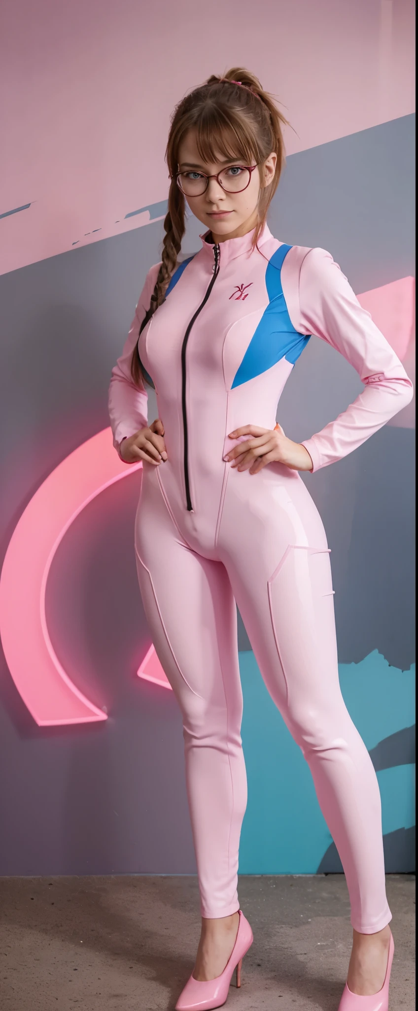 a woman in a pink suit and half bottom frame red glasses standing with her hands on her hips, full body zenkai girl, neon genesis evangelion style, humanoid form, anime character; full body art, gainax anime style, ferra white mecha, beautiful british babe, ponytails, standing in full pink suit, pink plugsuit, pink and blue outfit