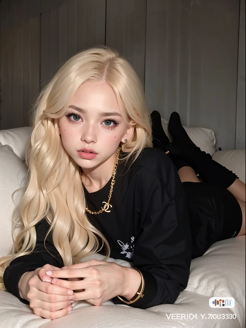 Blonde woman with long hair lying on a sofa with a black shirt, ava max, Retrato de Jossi de Blackpink, very very pale blond hair, Retrato de Kim Petras, extremely pale blond hair, Parque Roseanne do Blackpink, ela tem cabelos loiros, com longos cabelos loiros, uma menina com cabelo loiro, menina perfeita de cabelos brancos, her hair is white