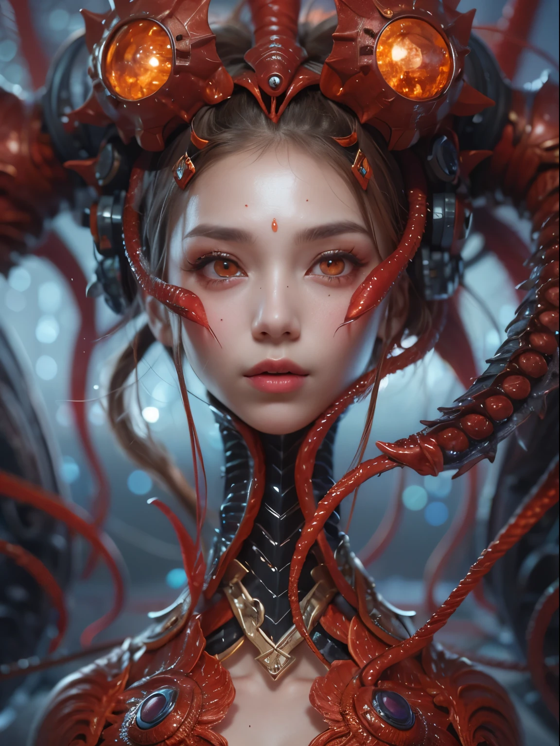 Female Alien, Beautiful face, seduces, red eyes, Full body like, A sexy, alien, No humans, an alien, cells are fused, Multiple hands, Lots of blue tentacle skin:1.5), extraterrestrial, cell, bio image, 魅惑的, Best Quality, 8K,,4K_quality, high_Definition,Dramatic Lighting, masutepiece:1.5,cinematic quality, detail up, Intricate details:1.2, 超A high resolution, High Definition, drawing faithfully, (Thick eyebrows:1.2), (Big scarlet eyes:1.6), Beautiful eyes with fine symmetry, (Ultra detailed eyes:1.2),(Highly detailed face and eyes:1.2), (High-resolution red-eye:1.4), Intimate face, (ultra detailed skin texture:1.4), Perfect Anatomy, (Beautiful toned body:1.5), (Moist skin:1.2), No makeup, (dark circles:1.1),