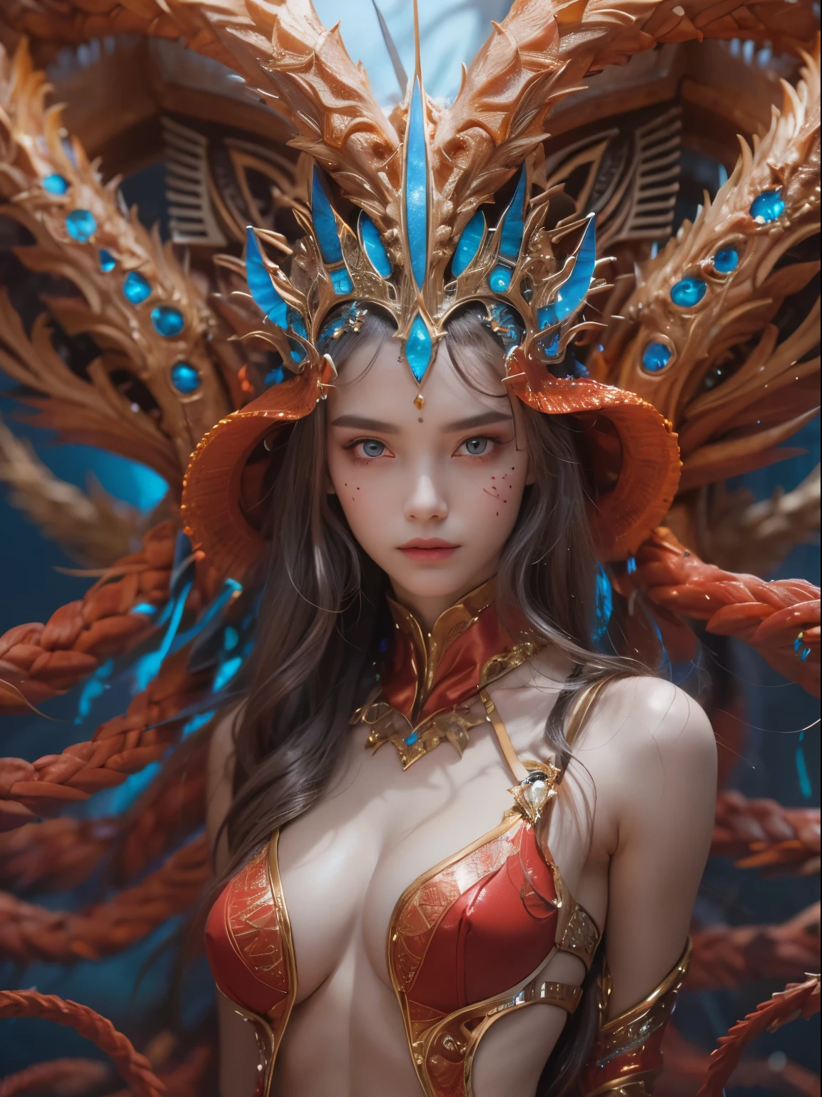Female Alien, Beautiful face, seduces, red eyes, Full body like, A sexy, alien, No humans, an alien, cells are fused, Multiple hands, Lots of blue tentacle skin:1.5), extraterrestrial, cell, bio image, 魅惑的, Best Quality, 8K,,4K_quality, high_Definition,Dramatic Lighting, masutepiece:1.5,cinematic quality, detail up, Intricate details:1.2, 超A high resolution, High Definition, drawing faithfully, (Thick eyebrows:1.2), (Big scarlet eyes:1.6), Beautiful eyes with fine symmetry, (Ultra detailed eyes:1.2),(Highly detailed face and eyes:1.2), (High-resolution red-eye:1.4), Intimate face, (ultra detailed skin texture:1.4), Perfect Anatomy, (Beautiful toned body:1.5), (Moist skin:1.2), No makeup, (dark circles:1.1),