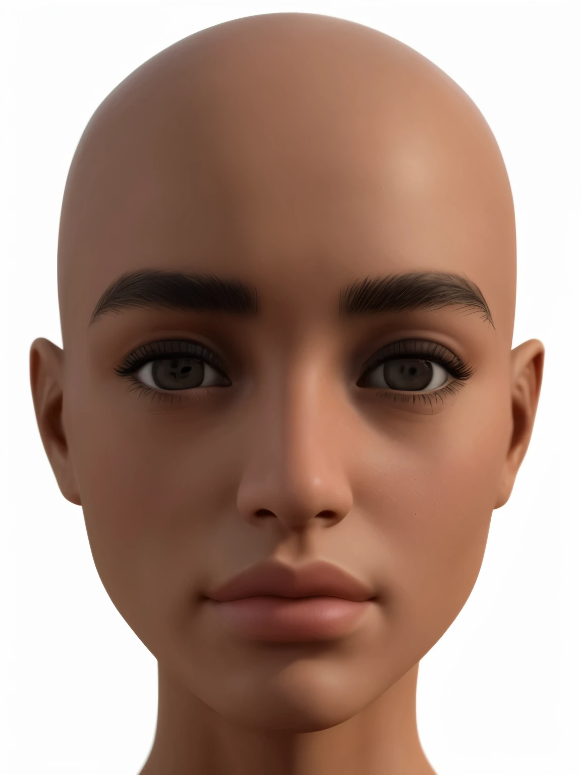 a close up of a teenage girl with dark brown eyes with a bald head and no shirt, with very highly detailed face, realistically rendered face, 8k highly detailed face, highly detailed realistic face, detailed realistic face, photorealistic skin tone, single realistic face, accurate detailed face, realistic detailed face, realistic human face, natural skin tone 4k textures, real detailed face