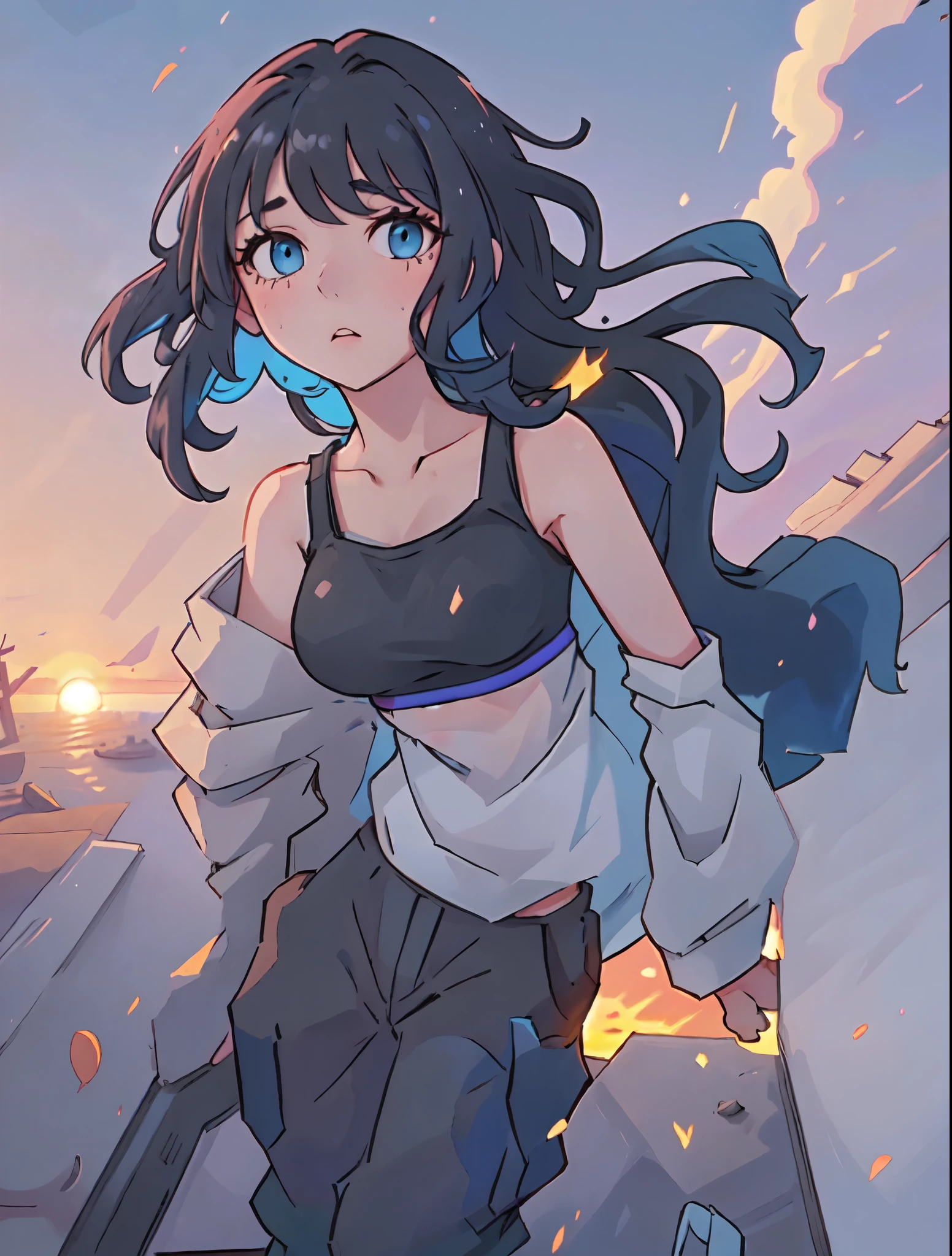 Focus on a girl with black medium-length hair.
with the sunset casting its glow.
Emphasize the girl's blue eyes, capturing the loneliness in her gaze. wearing a construction site safety helmet.
Depict her hair flowing elegantly in the wind, accentuating her sense of amidst the breeze. Describe the girl wearing a short tank top and cargo pants, suitable for the construction site's elevated environment.
Highlight scattered mechanical tools around her, showcasing her connection to the engineering surroundings.
