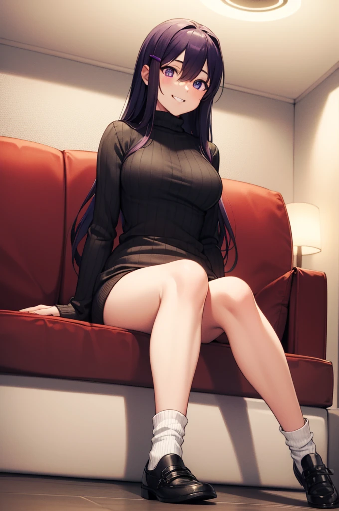 ((full body:1.4)), ddlcyuri, ddlcyuri, hair ornament, hairclip, long hair, (purple eyes:1.1), purple hair, grin, smile, hair over eyes, wide smile, living room background, ((sitting on black sofa:1.4)),
casual clothes, grey sweater, black leggins, ribbed sweater, sweater, ((ankle white socks:1.4)), turtleneck, turtleneck sweater,
BREAK looking at viewer, BREAK indoors, livingroom background, BREAK (masterpiece:1.2), best quality, high resolution, unity 8k wallpaper, (illustration:0.8), (beautiful detailed eyes:1.6), extremely detailed face, perfect lighting, extremely detailed CG, (perfect hands, perfect anatomy), ((view from below:1.4)),